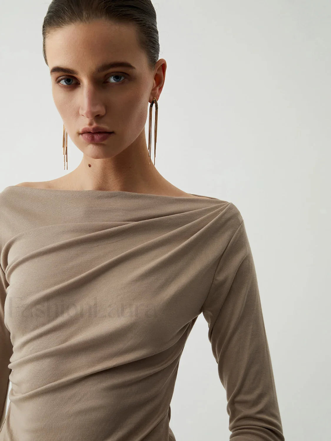 Oatmeal Ruched Graceful Long Sleeve Top