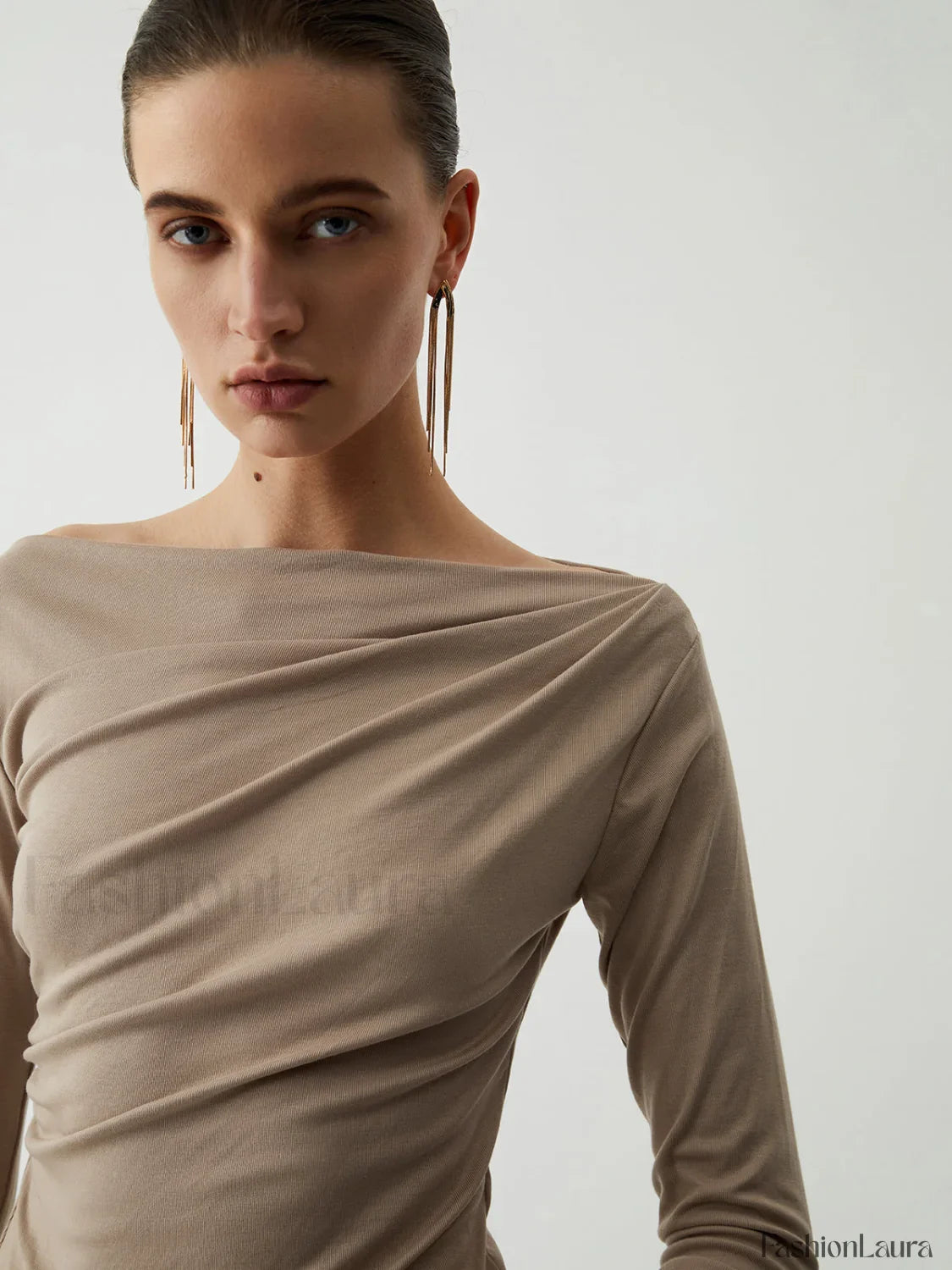 Oatmeal Ruched Graceful Long Sleeve Top