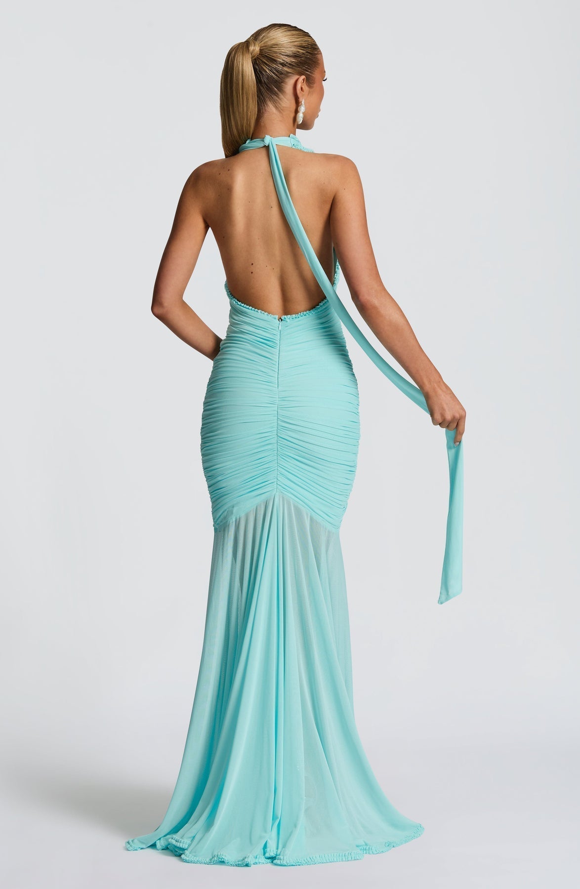 Mesh Halter Neck Deep V-Neck Ruched Ruffle Mermaid Maxi Gown 9