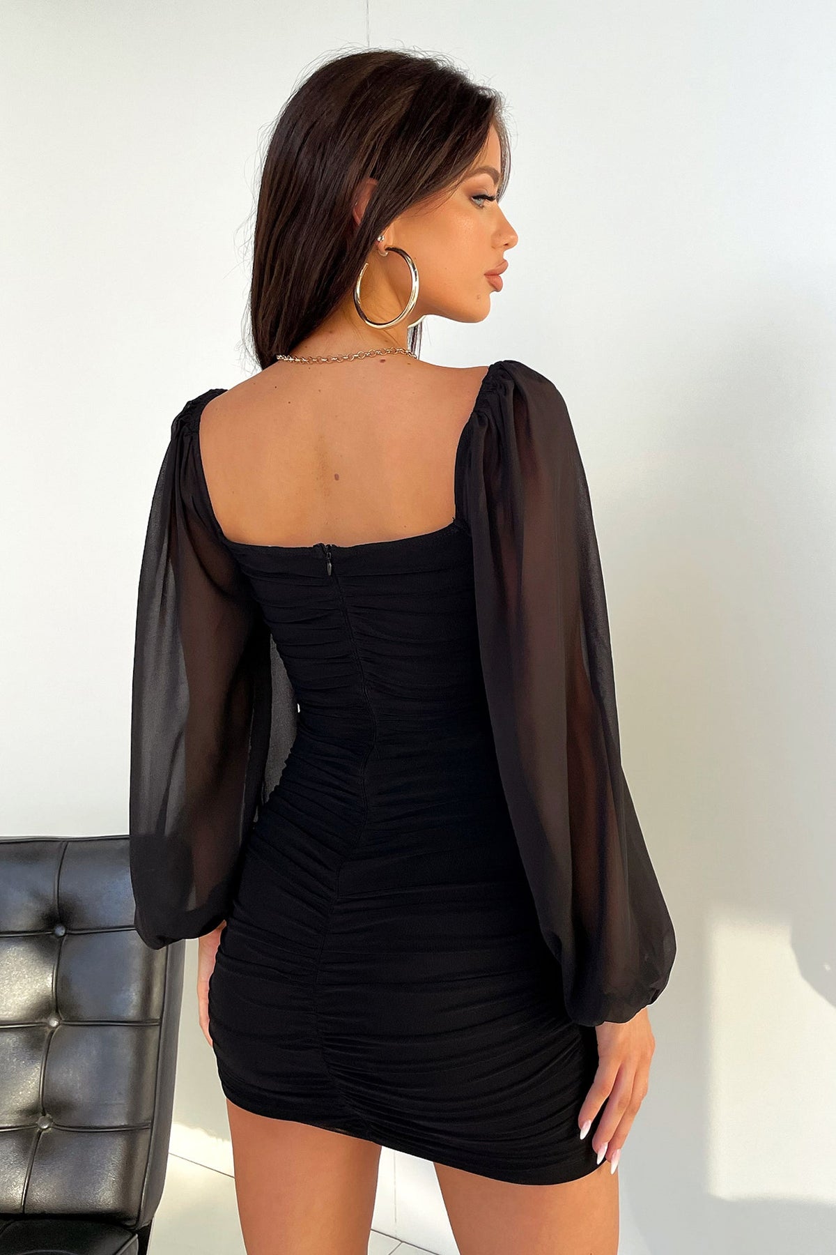 Sheer Balloon Sleeve Cowl Neck Ruched Bodycon Mini Dress 9