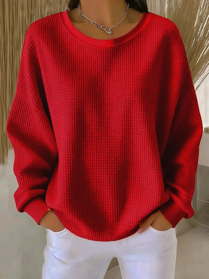 Crew Neck Long Sleeve Waffle Knit Sweater