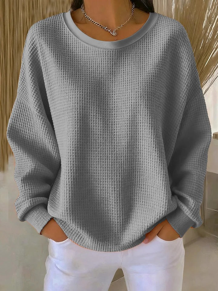 Crew Neck Long Sleeve Waffle Knit Sweater