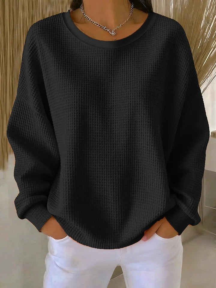 Crew Neck Long Sleeve Waffle Knit Sweater