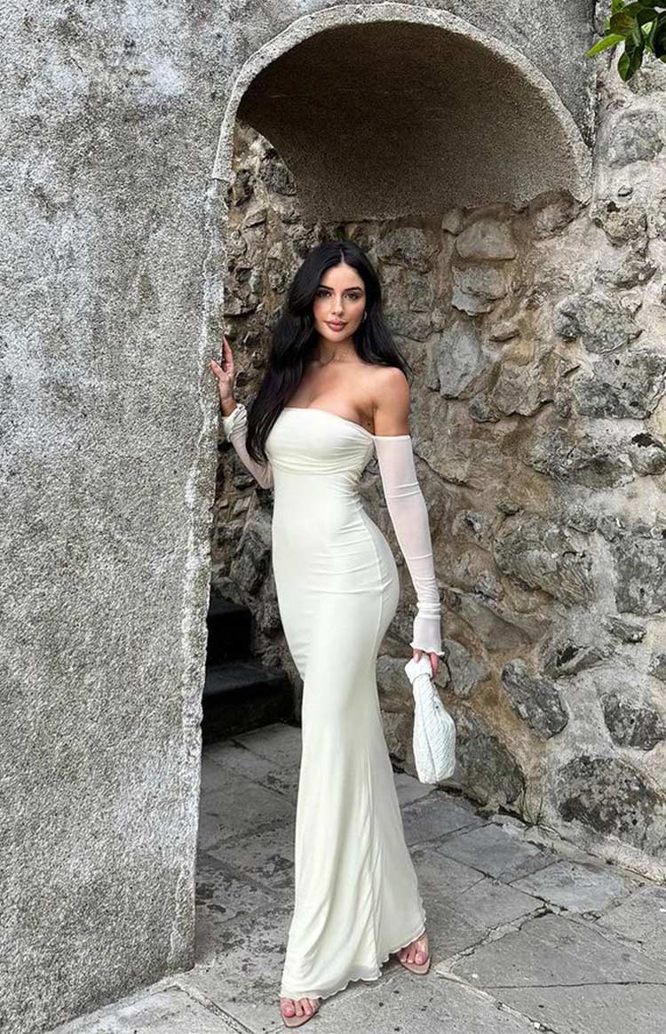 Mesh Off Shoulder Long Sleeve Ruched Bust Column Maxi Dress 10