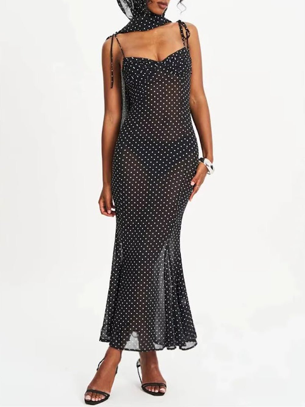 Polka Dot Mesh Sweetheart Tie Strap Mermaid Maxi Dress - View 4