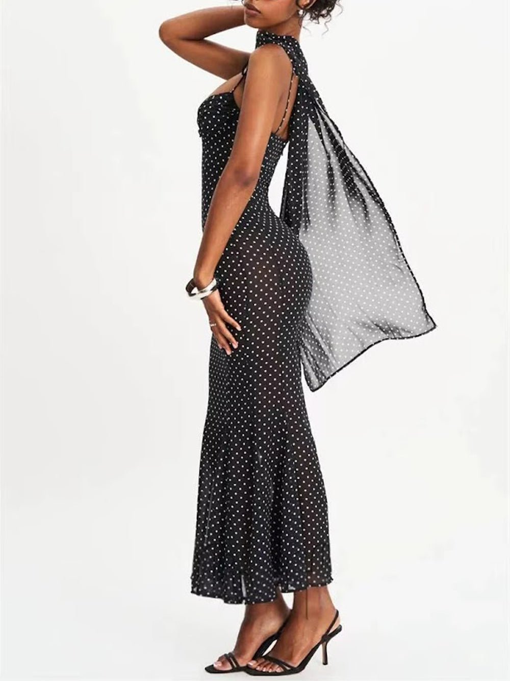 Polka Dot Mesh Sweetheart Tie Strap Mermaid Maxi Dress - View 5