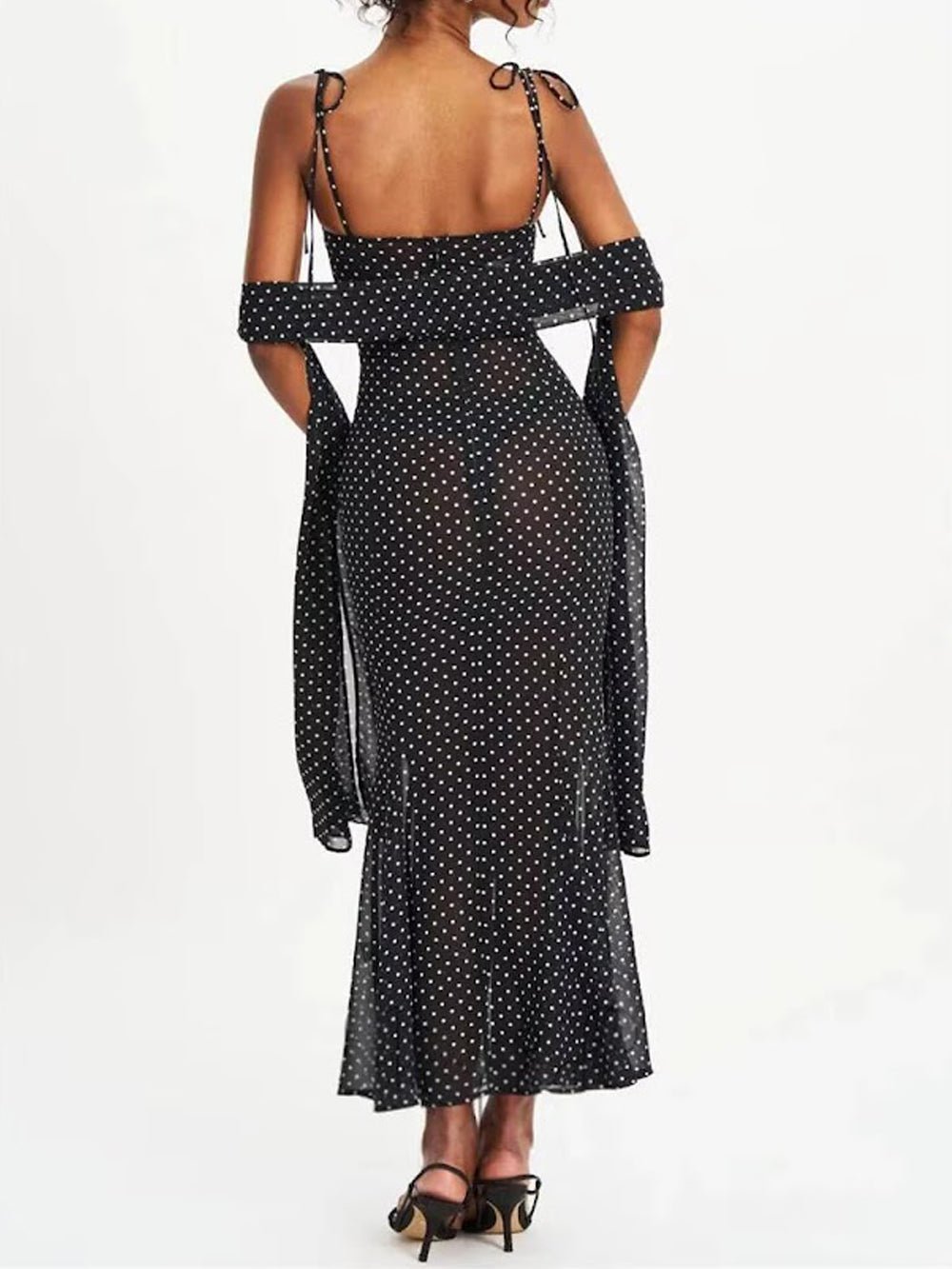Polka Dot Mesh Sweetheart Tie Strap Mermaid Maxi Dress - View 2