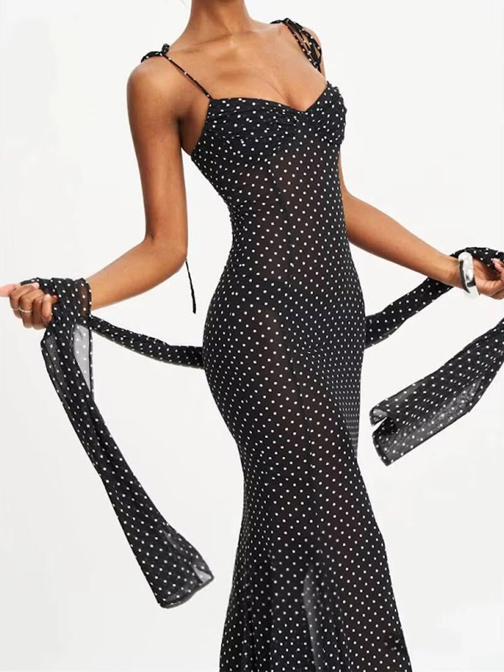 Polka Dot Mesh Sweetheart Tie Strap Mermaid Maxi Dress - View 8