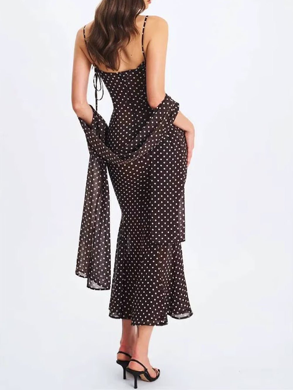 Polka Dot Spaghetti Strap Sweetheart Bias Cut Midi Dress - View 2