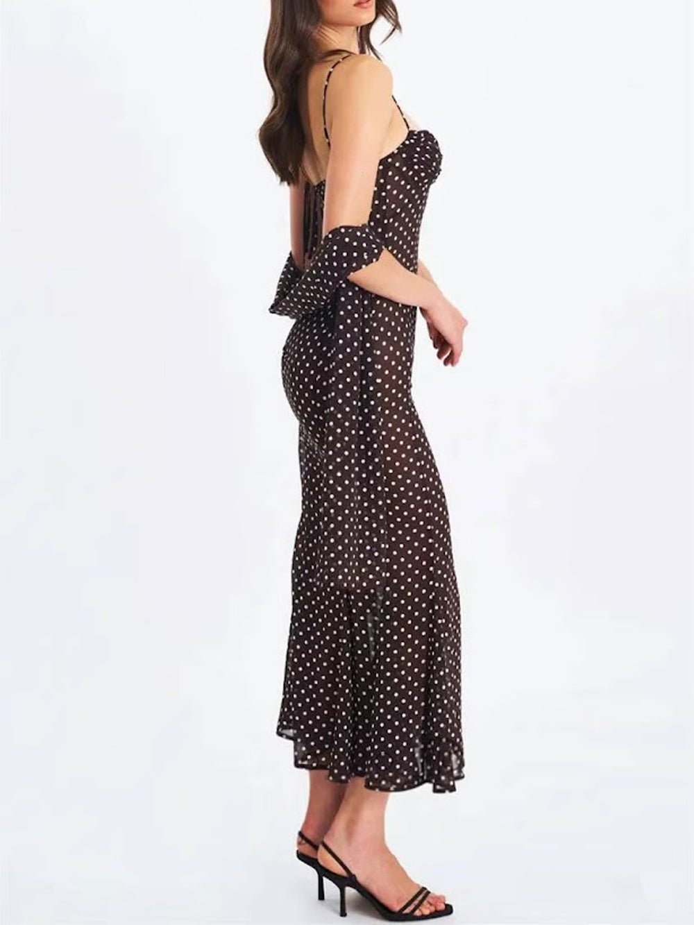 Polka Dot Spaghetti Strap Sweetheart Bias Cut Midi Dress - View 3
