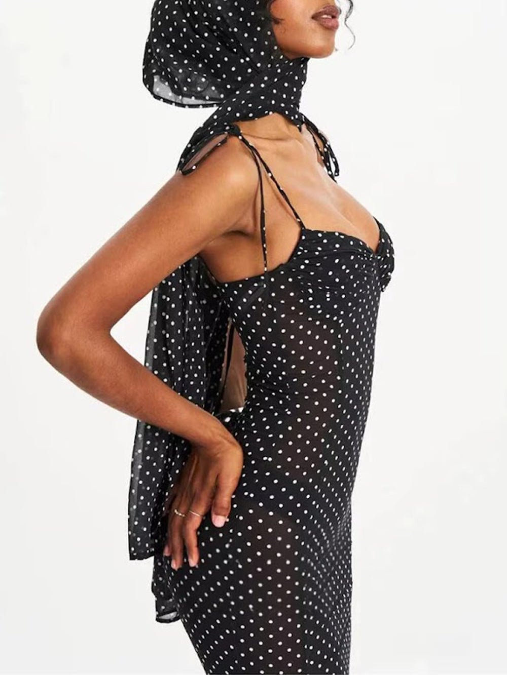 Polka Dot Mesh Sweetheart Tie Strap Mermaid Maxi Dress - View 9