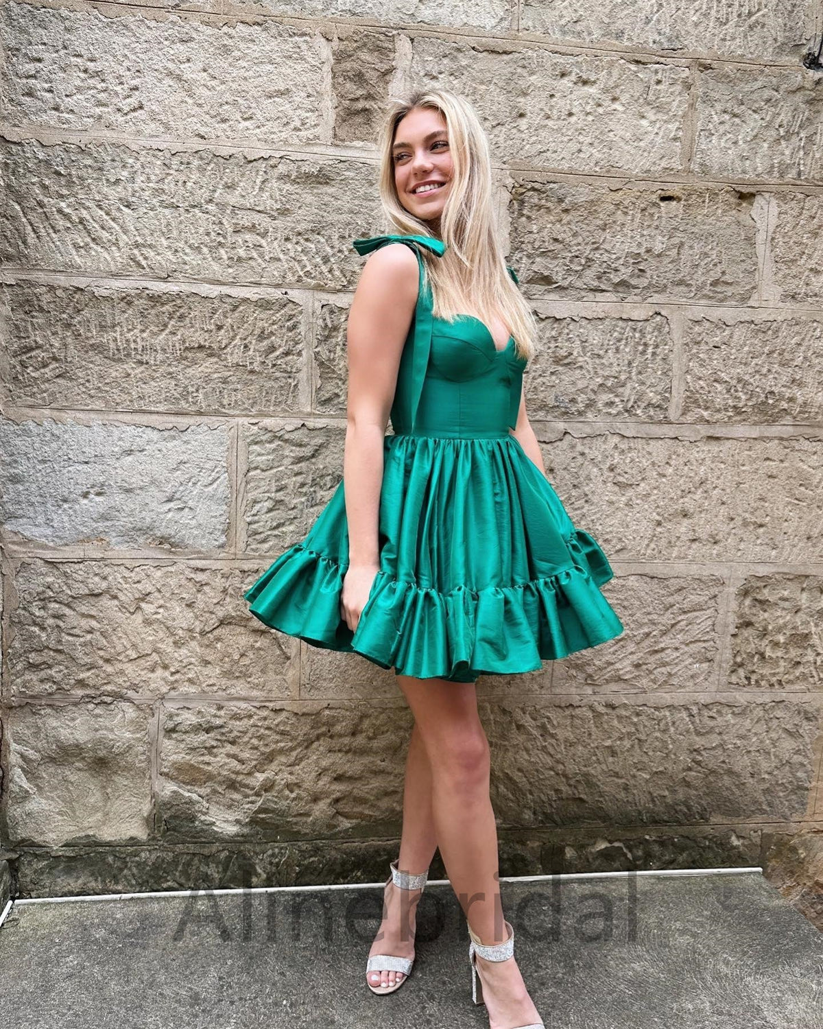 Satin Sweetheart Bow Tie Strap Ruffle Hem A-Line Mini Homecoming Dress 4