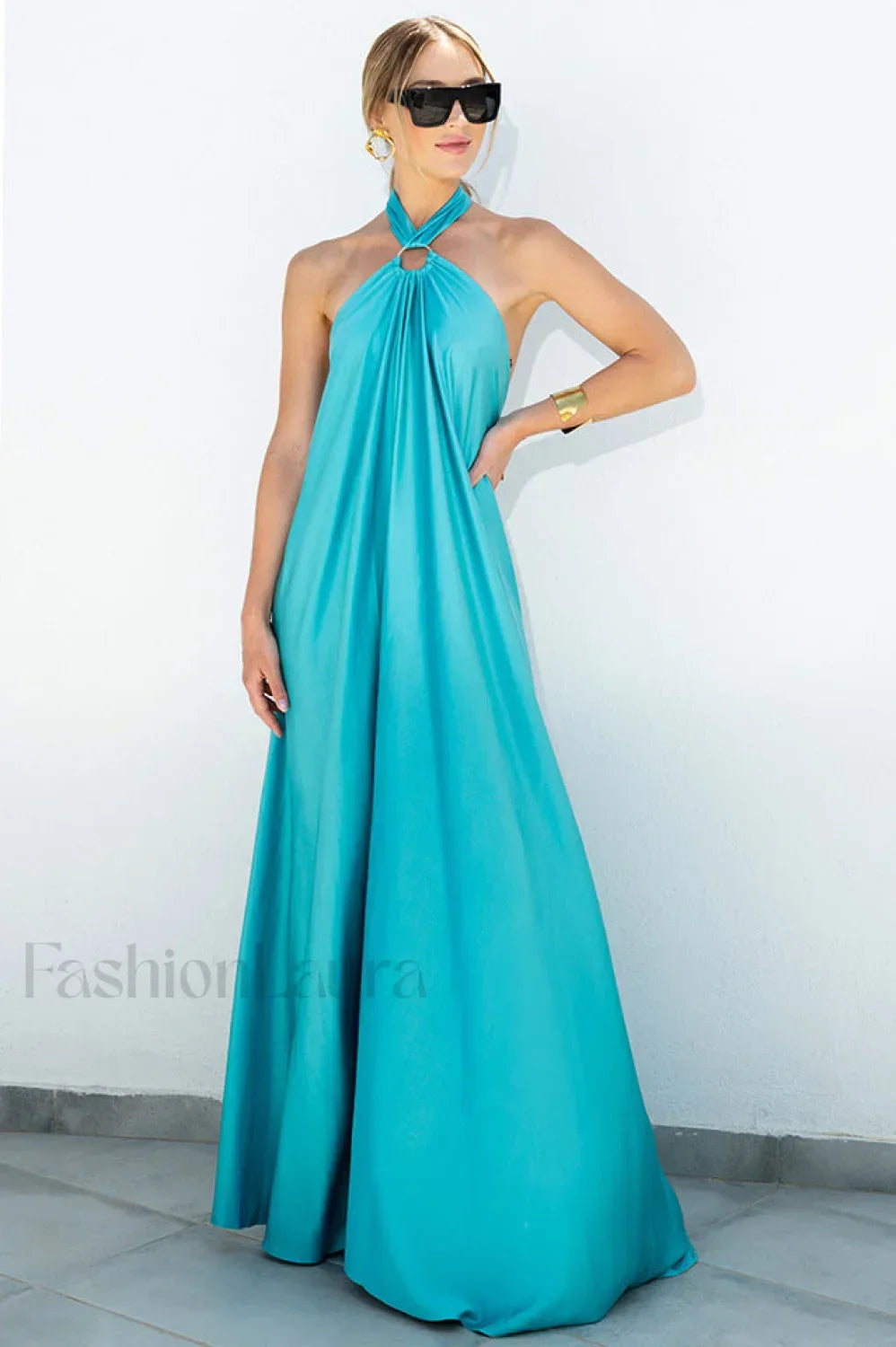 Ofelia Halter Stylish Loop Maxi Dress S / Aqua