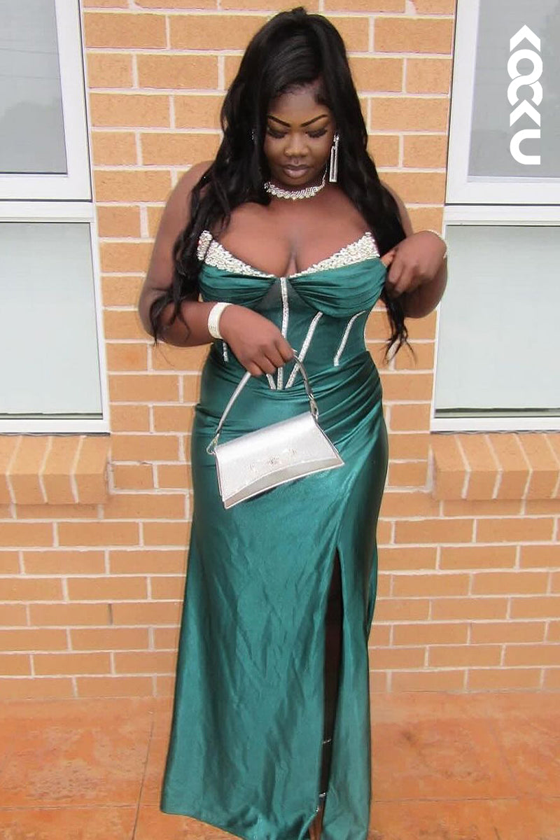 L2952 - Sexy & Hot V-neck Off-Shoulder Sleeveless Ruched Party Prom Dress With Beaded