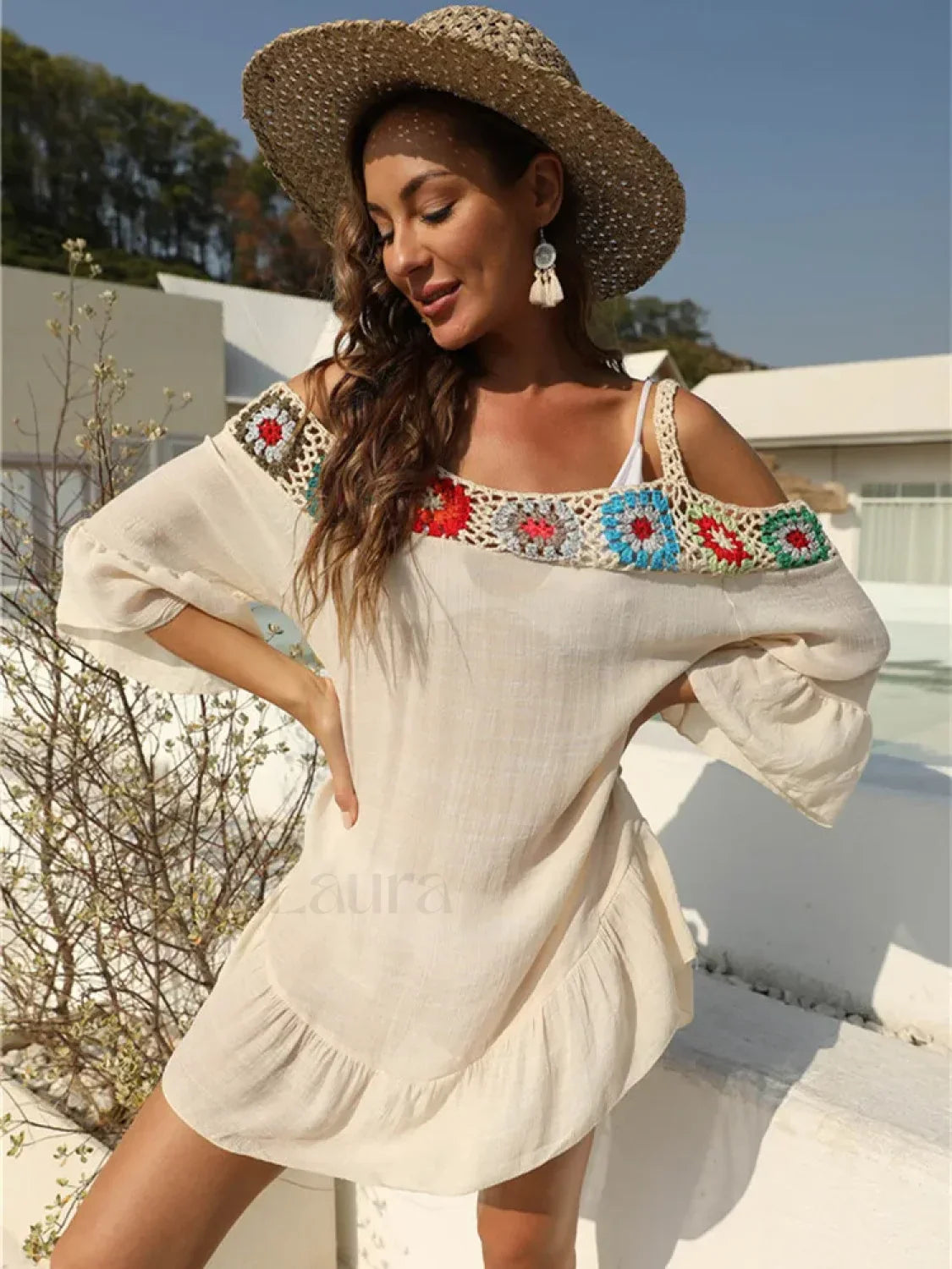 Off Shoulder Crochet Loose Cover Up
