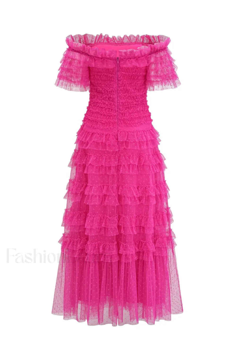 Off Shoulder Dotted Charming Tulle Maxi Dress