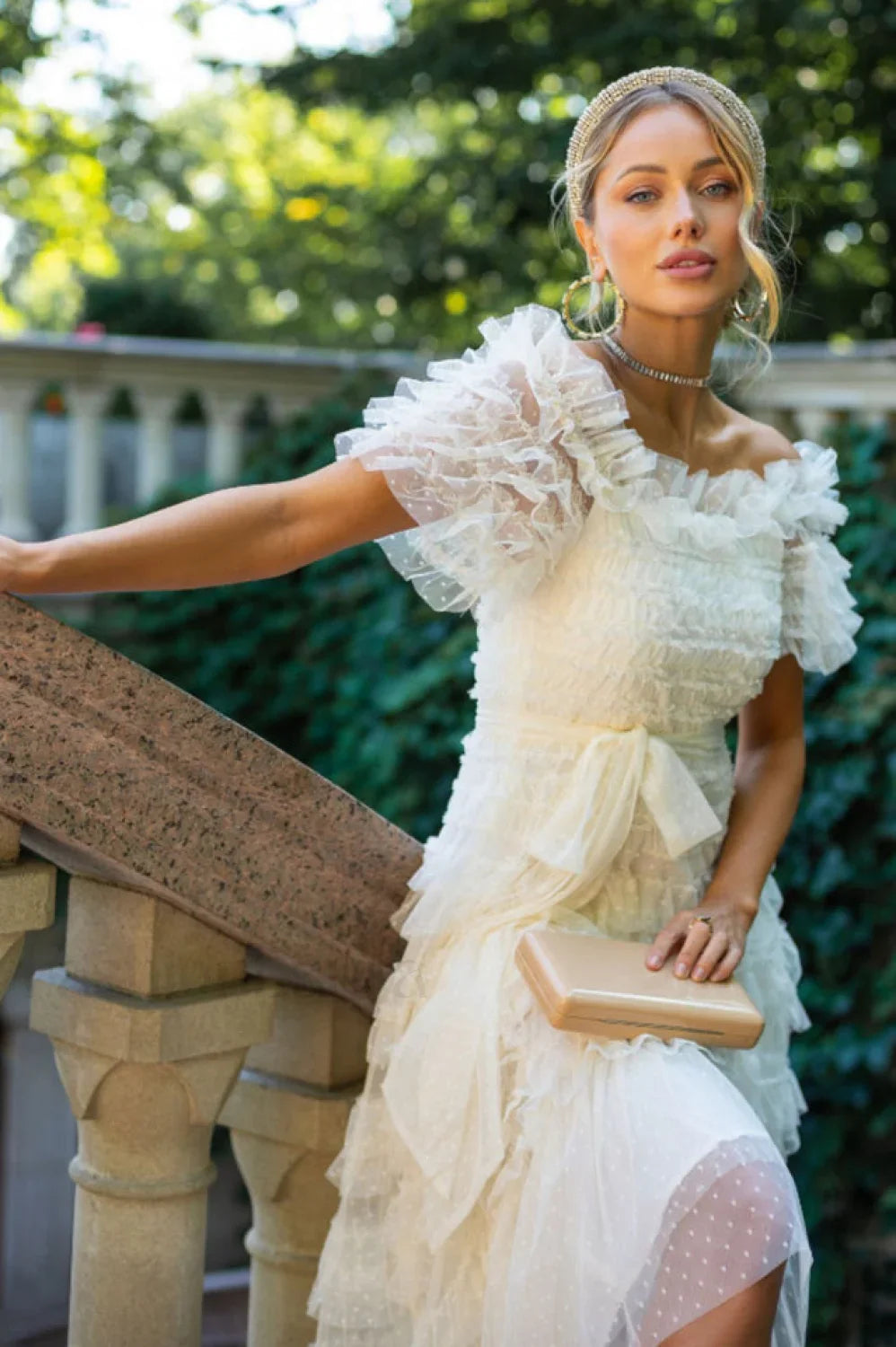 Off Shoulder Dotted Charming Tulle Maxi Dress