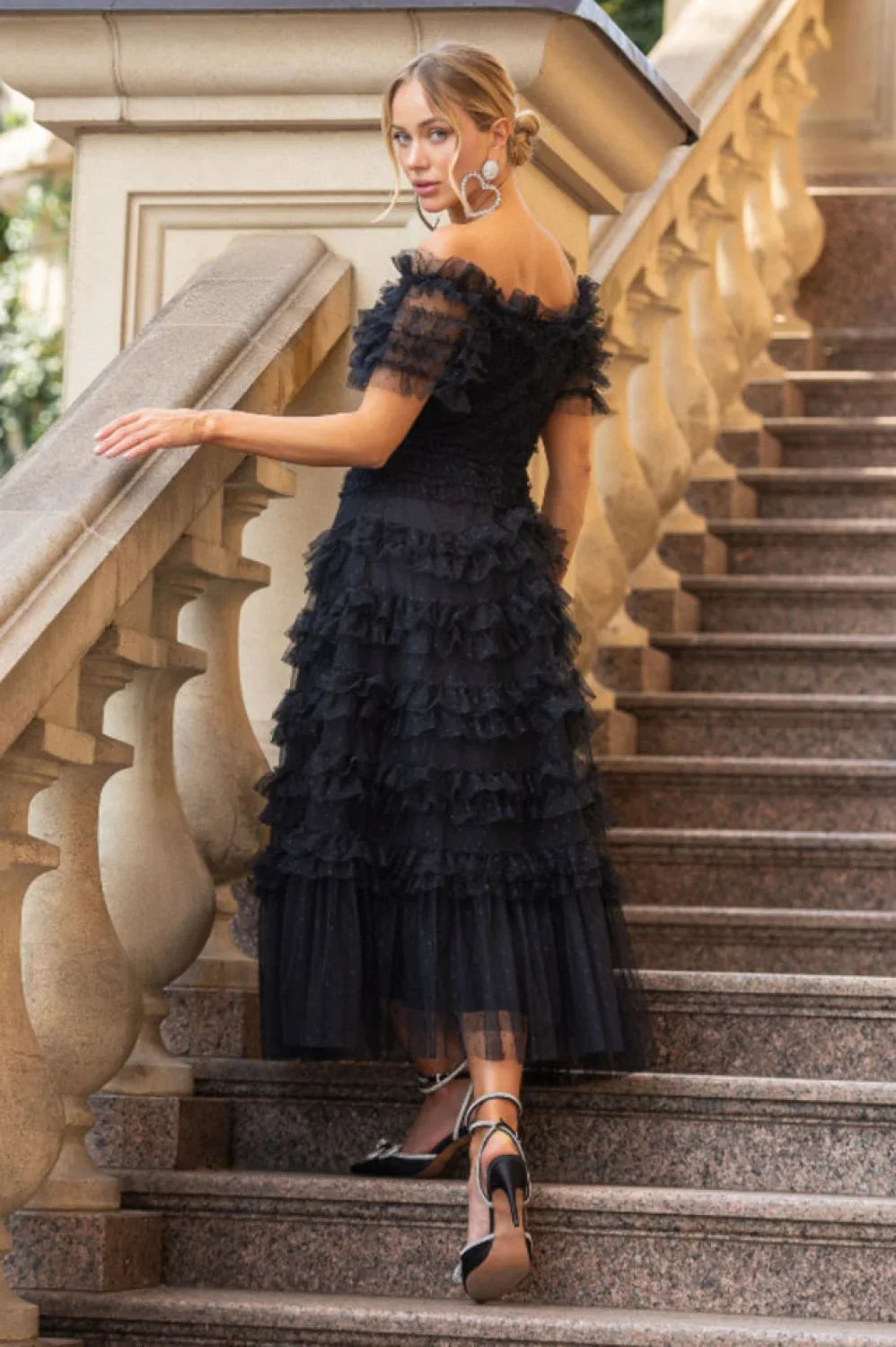 Off Shoulder Dotted Charming Tulle Maxi Dress