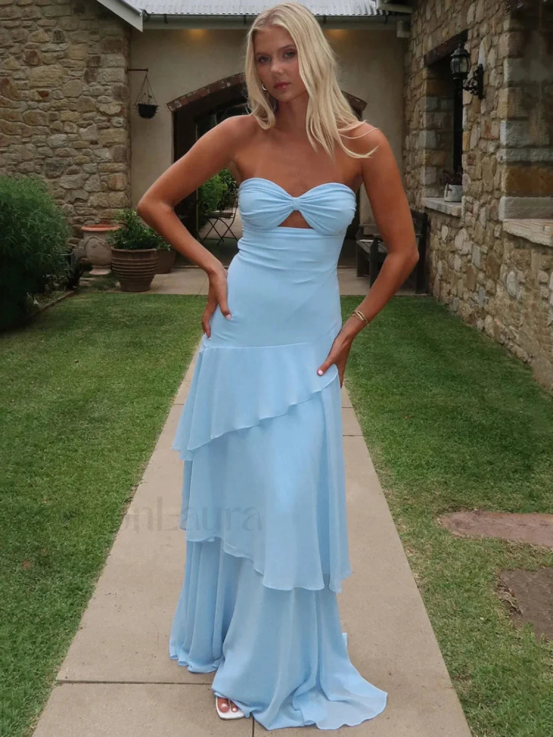 Off Shoulder Hollow Ruffle Maxi Dress Blue / S