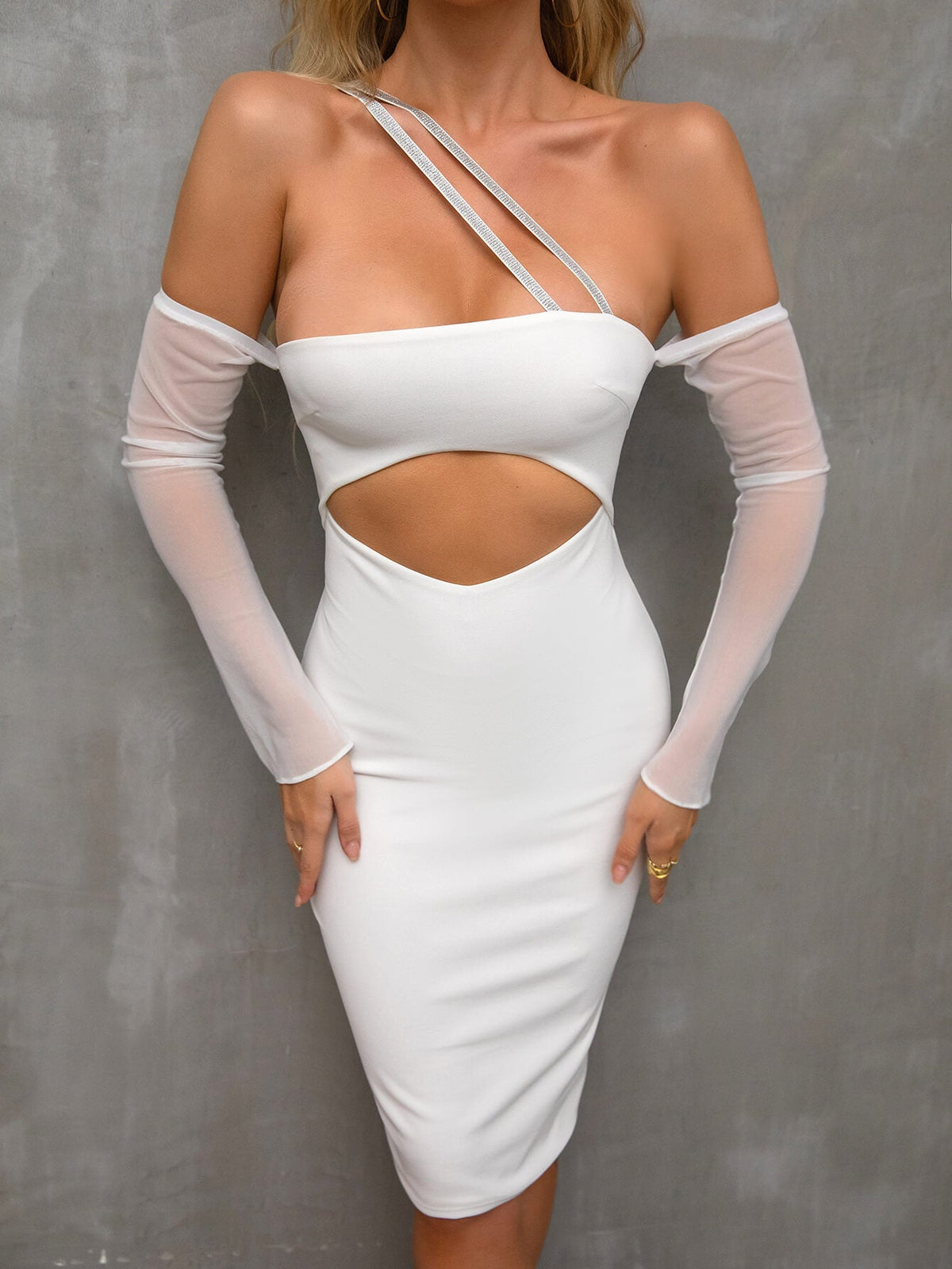 One Shoulder Rhinestone Strap Cut Out Sheer Mesh Sleeve Bodycon Midi Dress 6