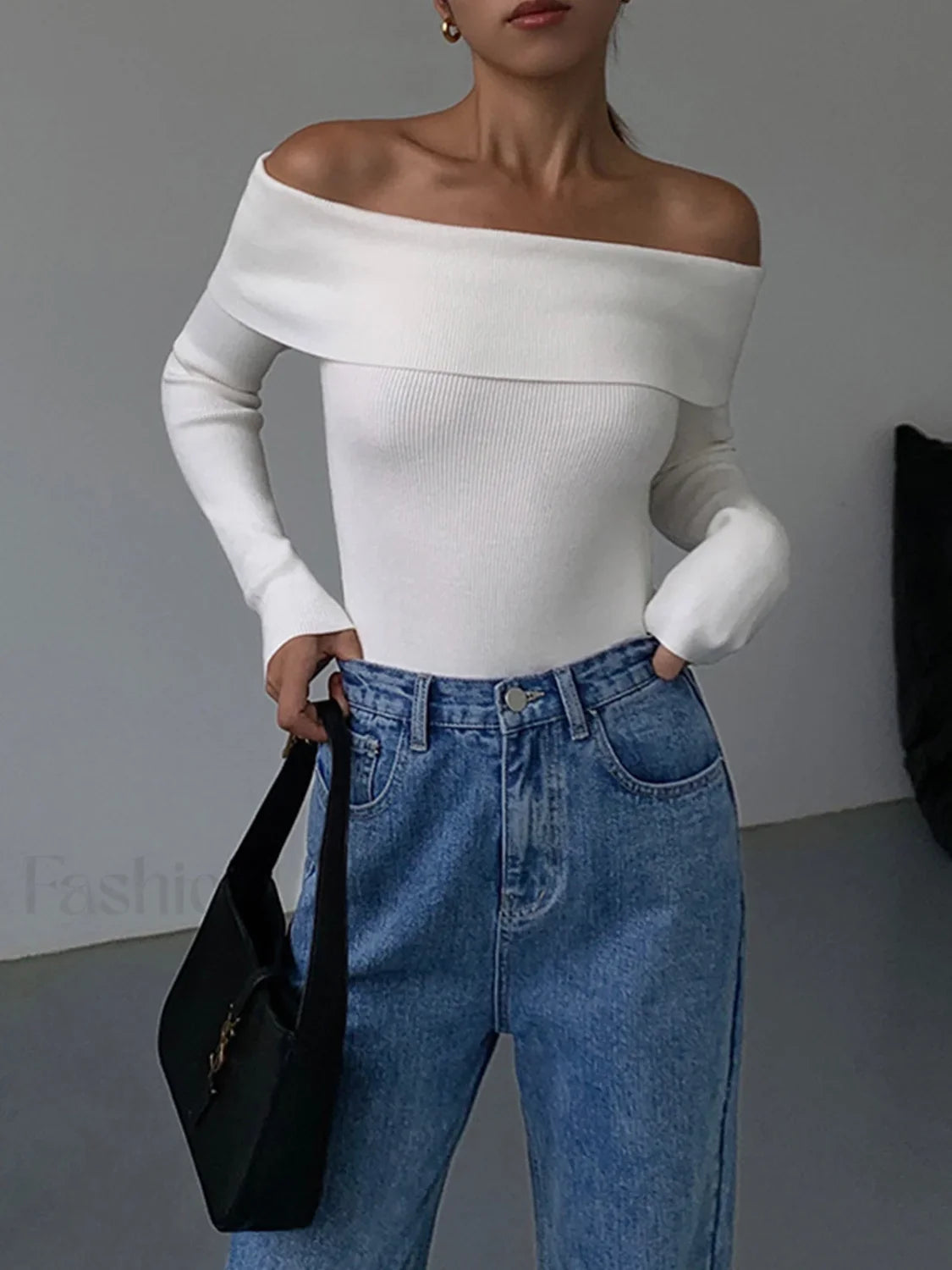 Off Shoulder Overfold Trendy Long Sleeve Knit Top