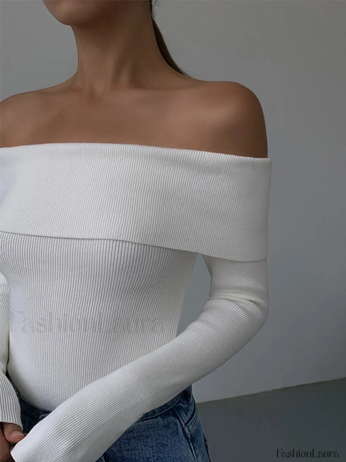 Off Shoulder Overfold Trendy Long Sleeve Knit Top