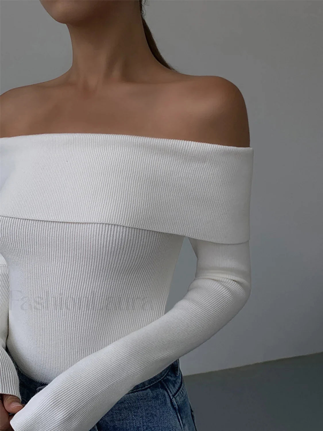 Off Shoulder Overfold Trendy Long Sleeve Knit Top