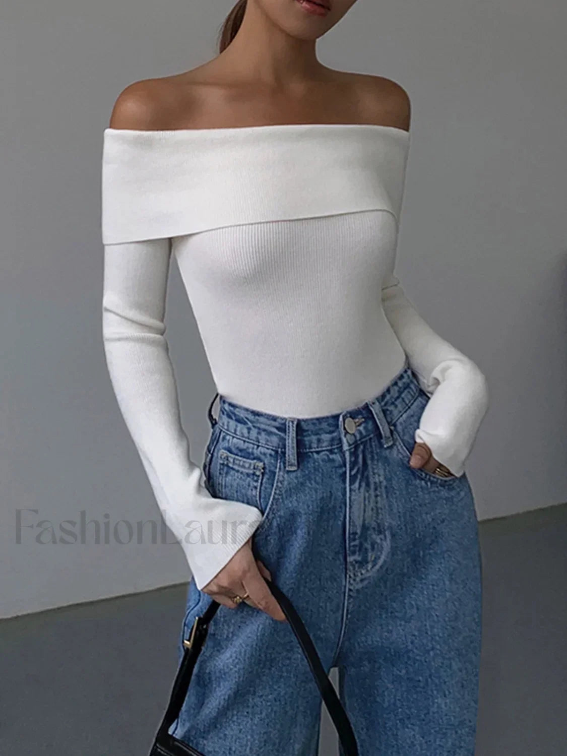 Off Shoulder Overfold Trendy Long Sleeve Knit Top White / XS Sweaters L