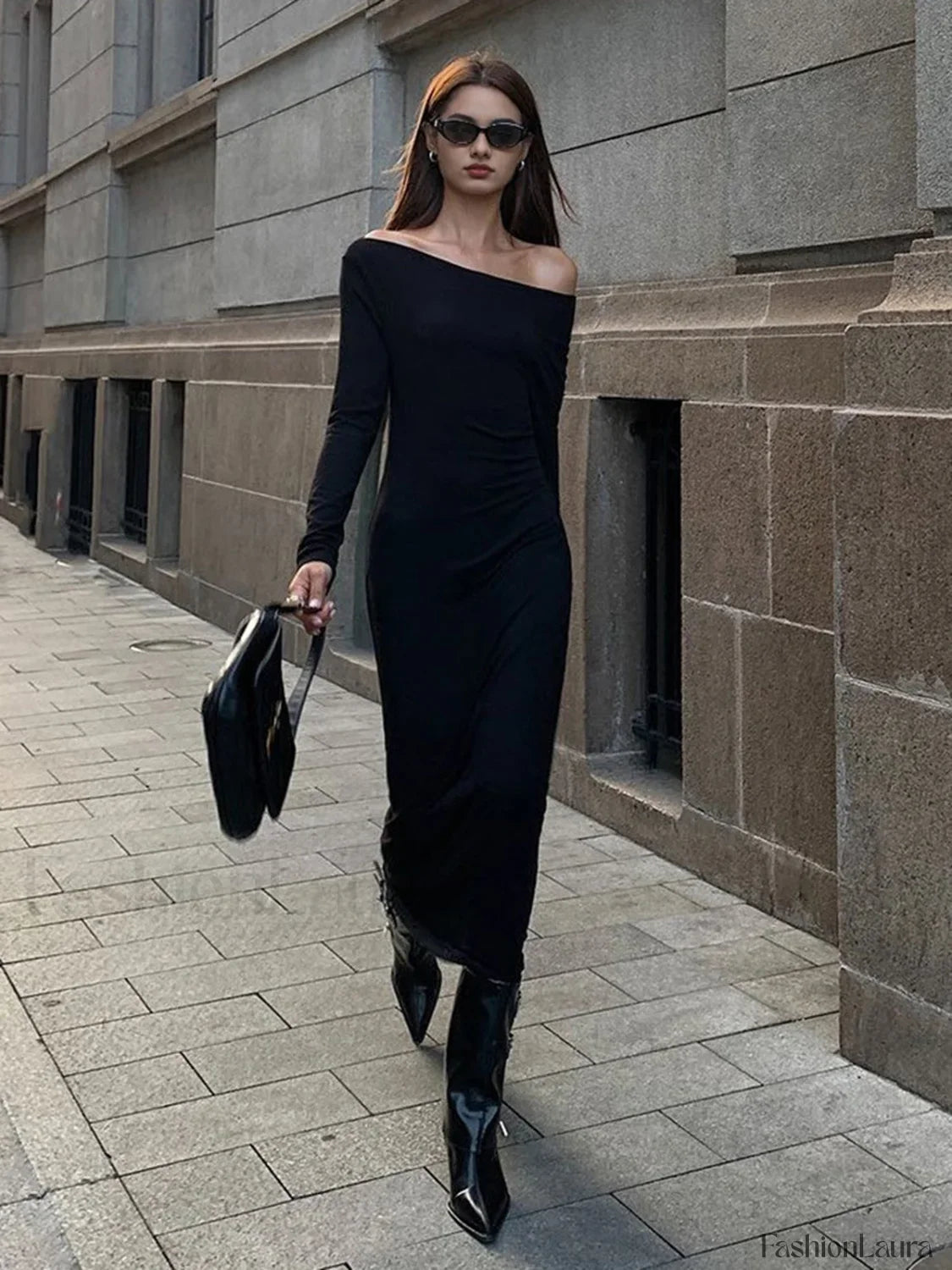 Off Shoulder Ribbed Long Modern Sleeve Knit Long Dress