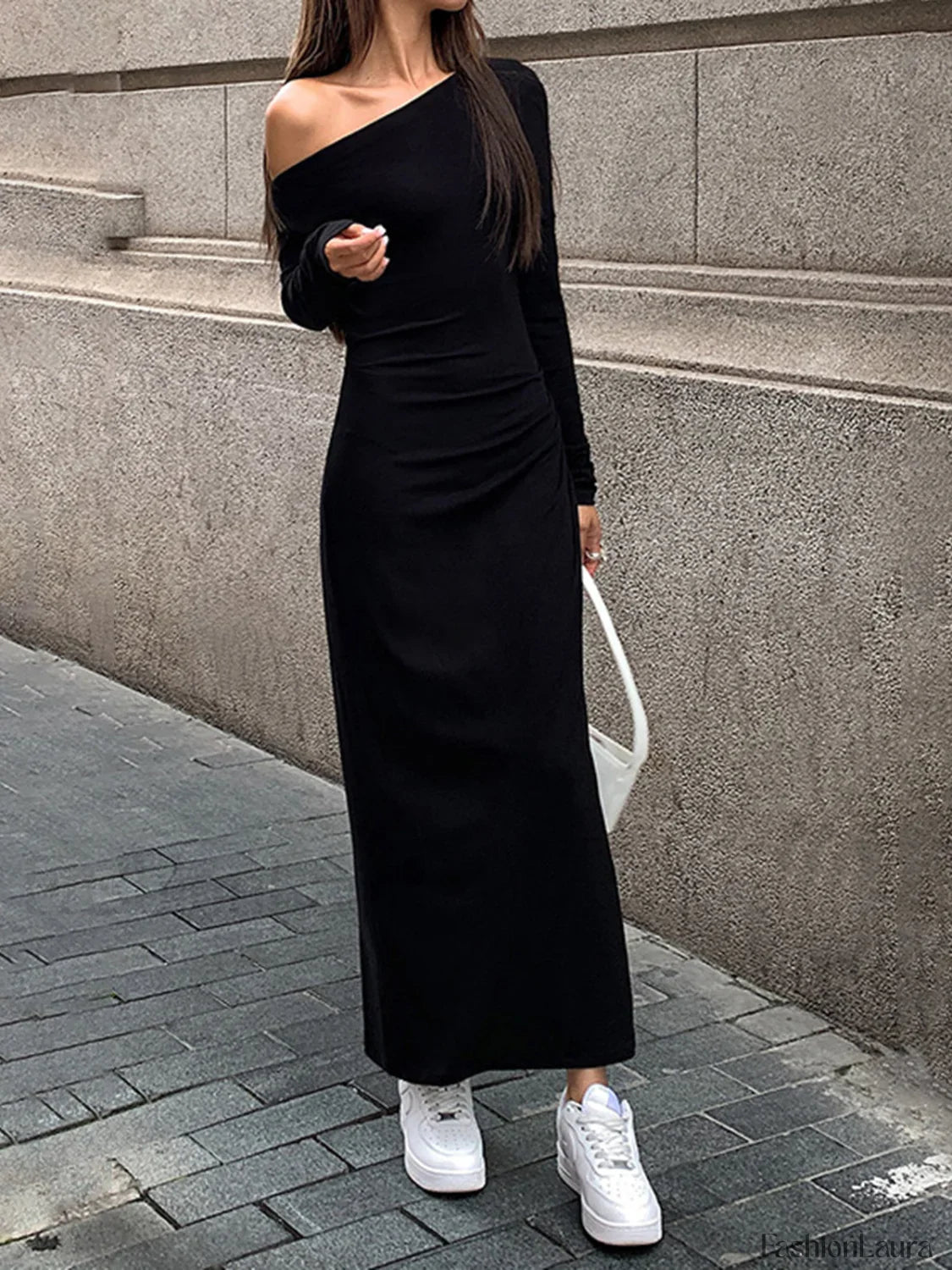 Off Shoulder Ribbed Long Modern Sleeve Knit Long Dress
