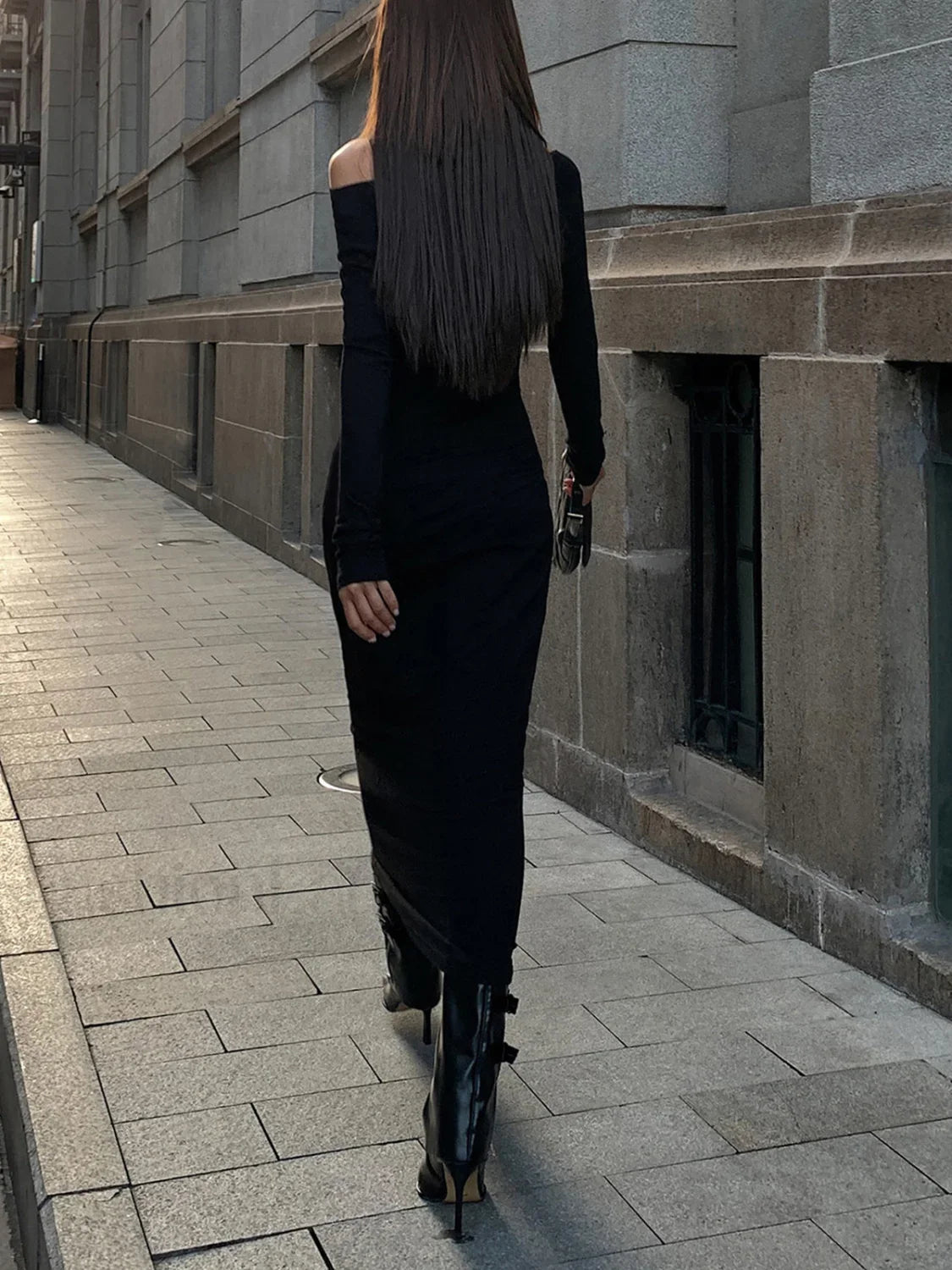 Off Shoulder Ribbed Long Modern Sleeve Knit Long Dress