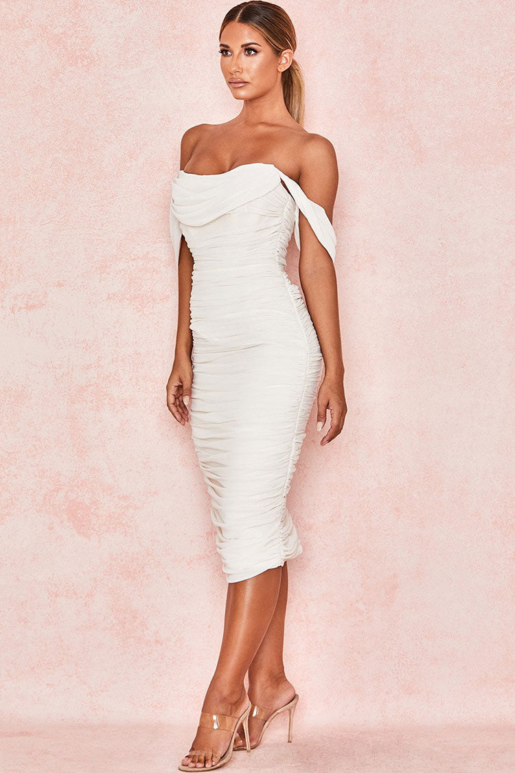 Off Shoulder Sleeveless Ruched Bodycon Midi Cocktail Dress