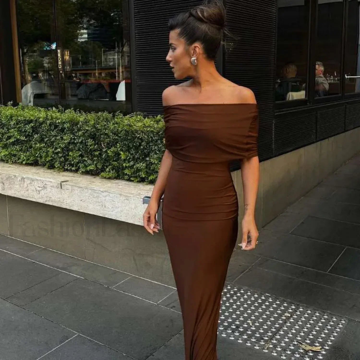 Off Shoulder Ruched Maxi Dress Brown / S