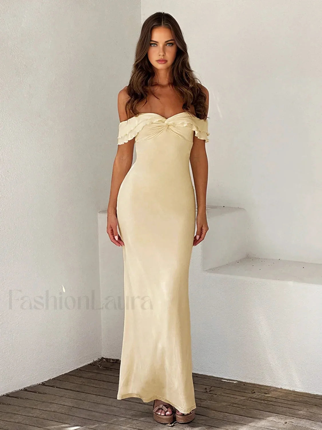 Off Shoulder Ruffle Trendy Satin Long Dress