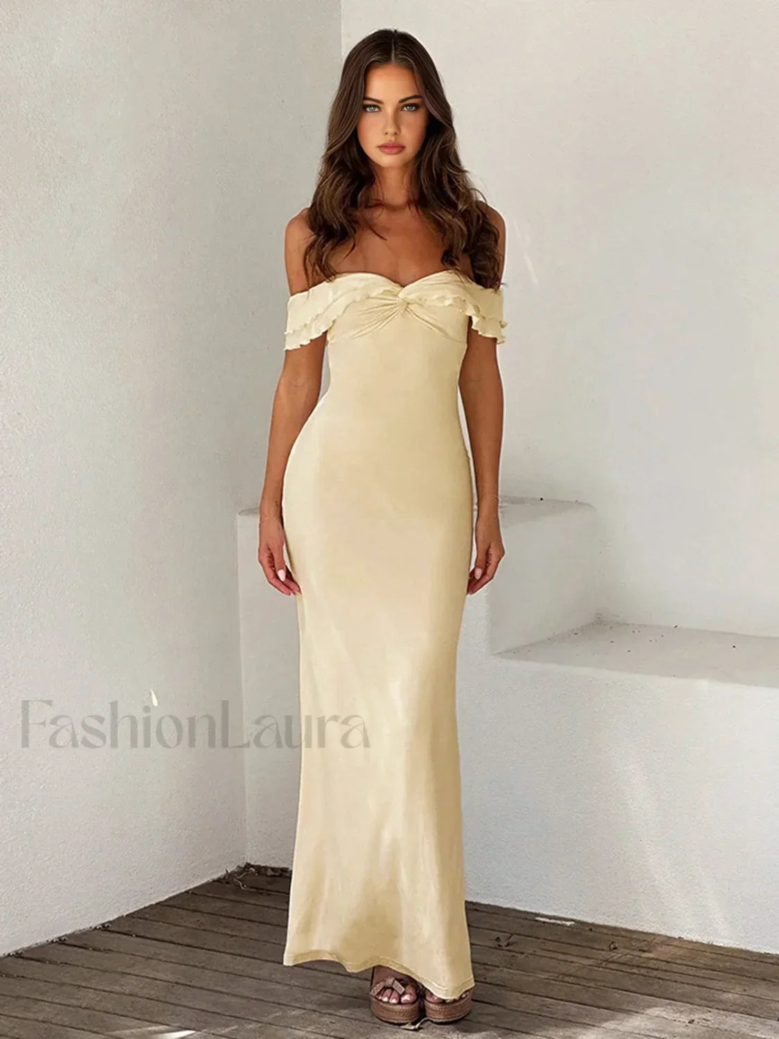 Off Shoulder Ruffle Trendy Satin Long Dress