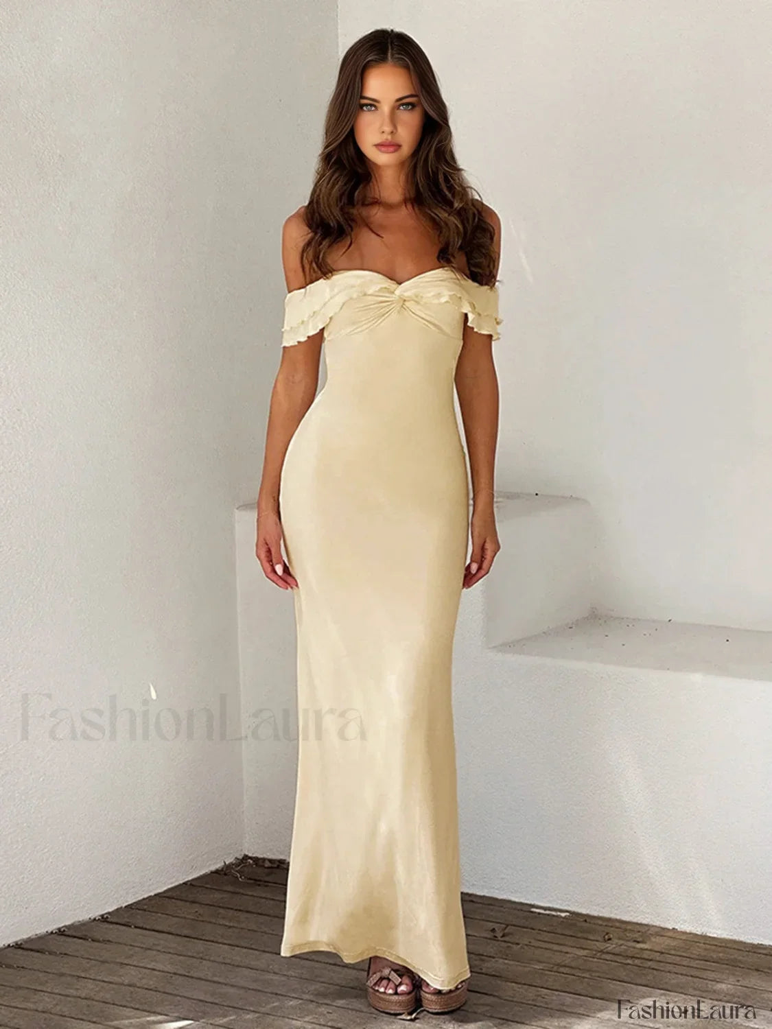 Off Shoulder Ruffle Trendy Satin Long Dress