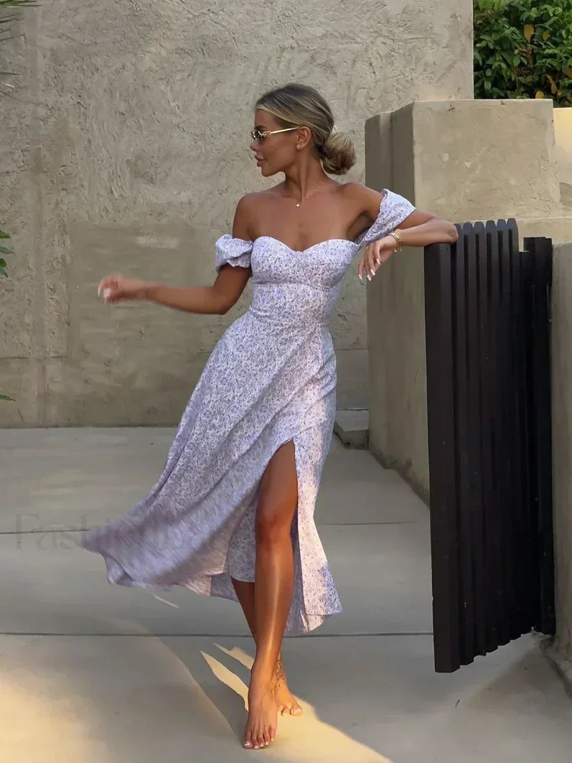 Off-Shoulder Slit Floral Dress