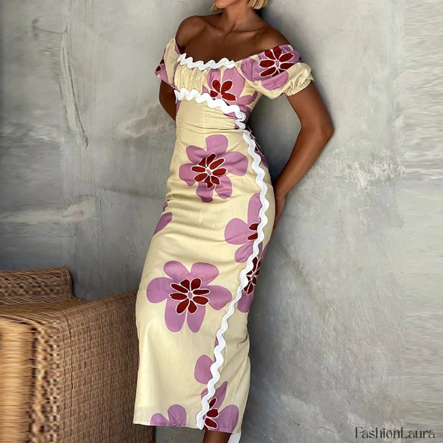 Off-Shoulder Split Floral Dress