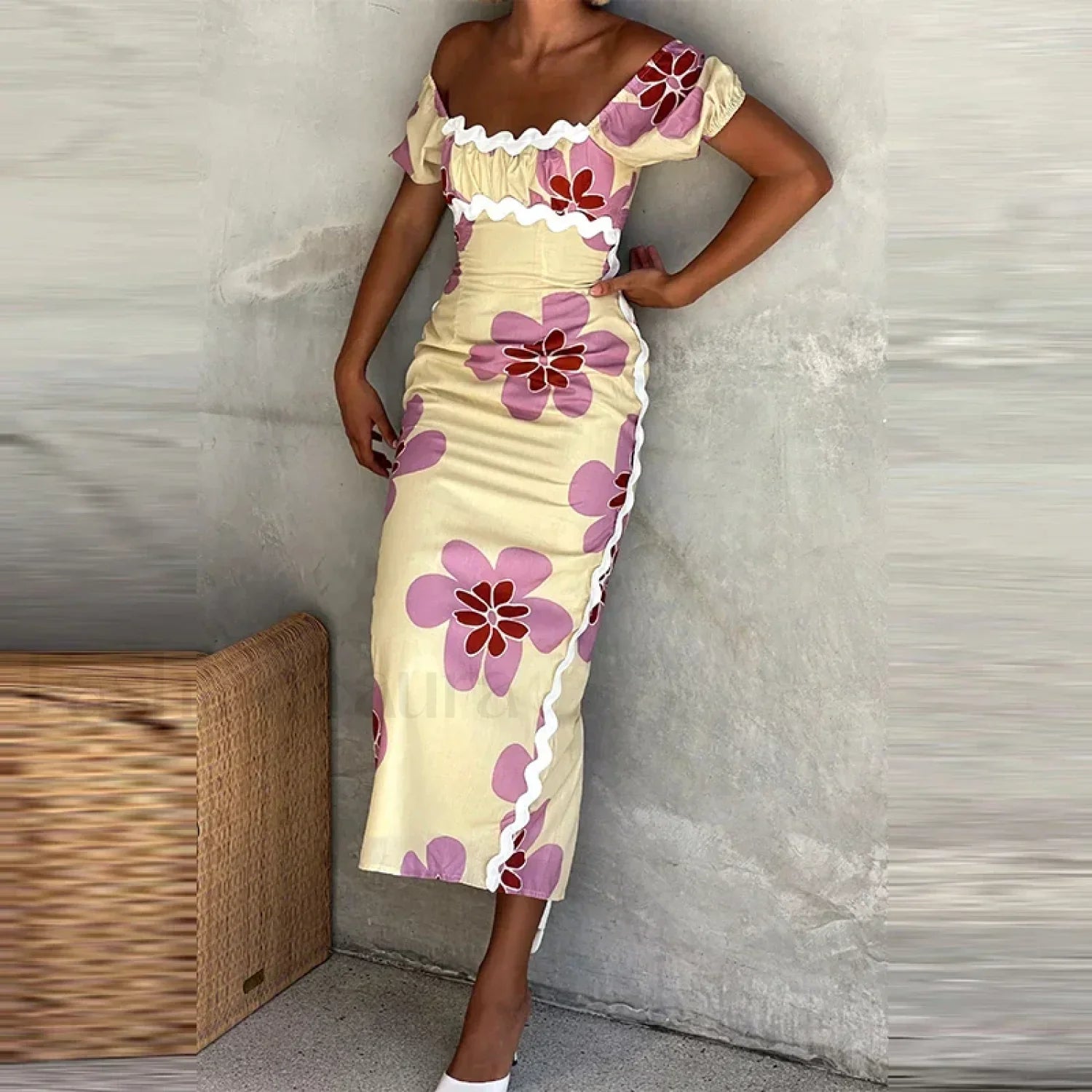 Off-Shoulder Split Floral Dress