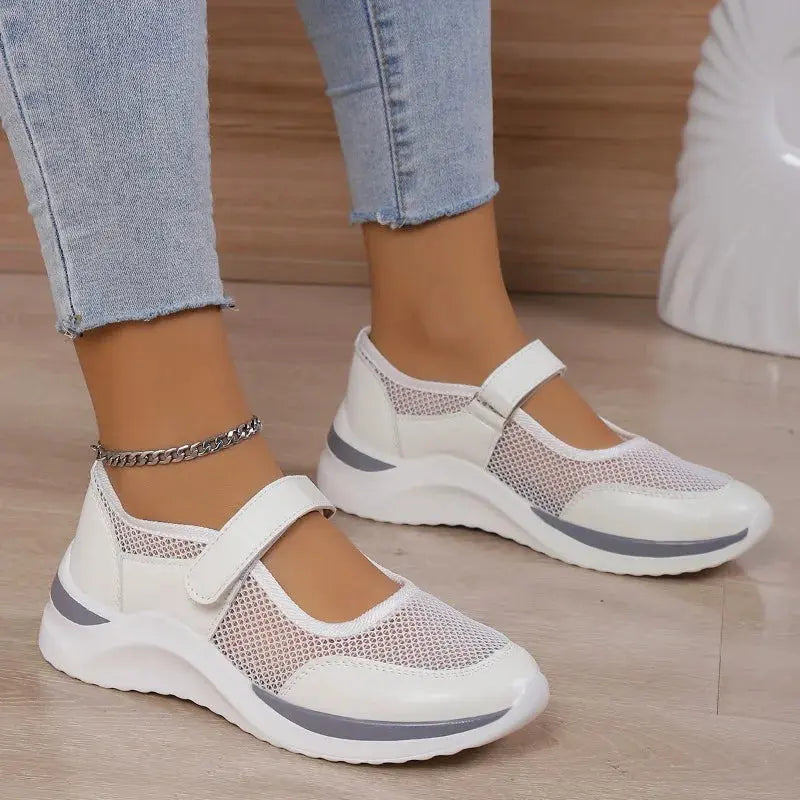 Round Toe Mesh Panel Hook and Loop Strap Platform Sneakers