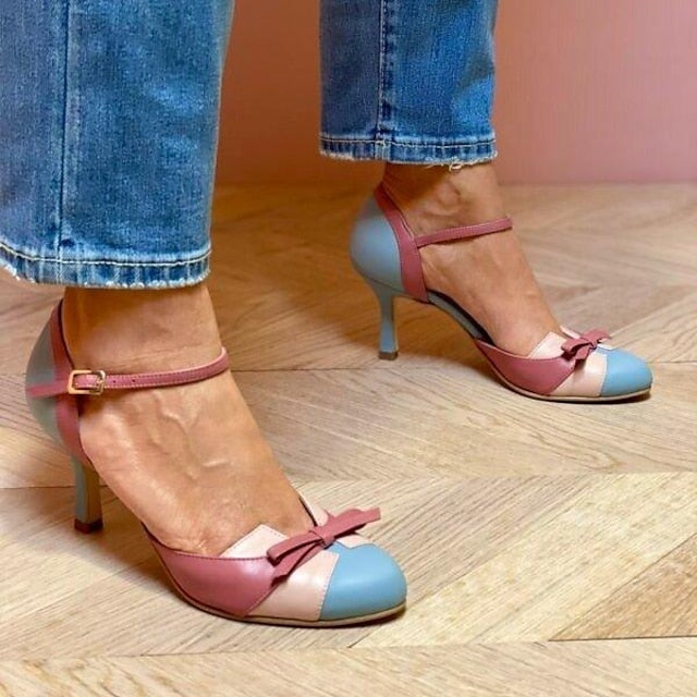 Round Toe Ankle Strap Bow Mid Heel Pumps