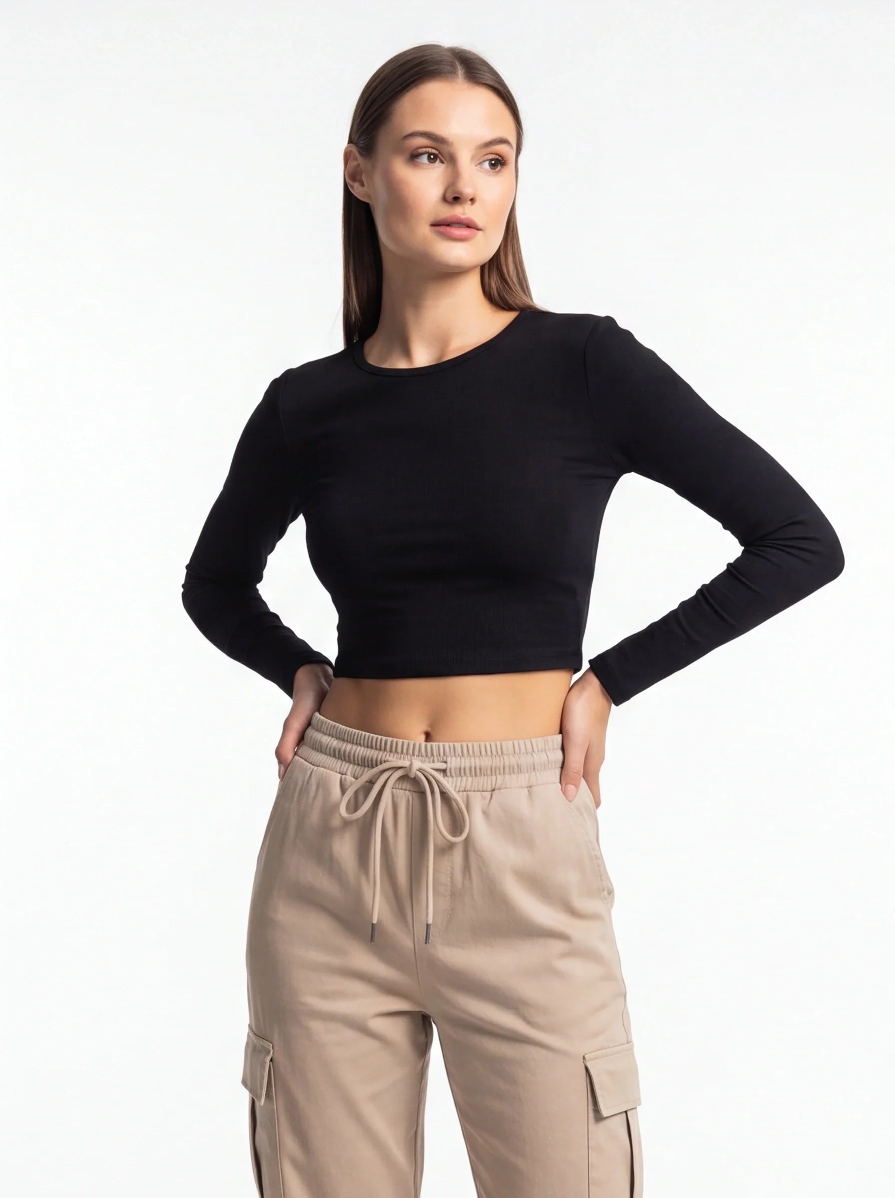 Jamota High Waist Black Cargo Trousers With Stretch Fabric And Pockets For All Day Comfort