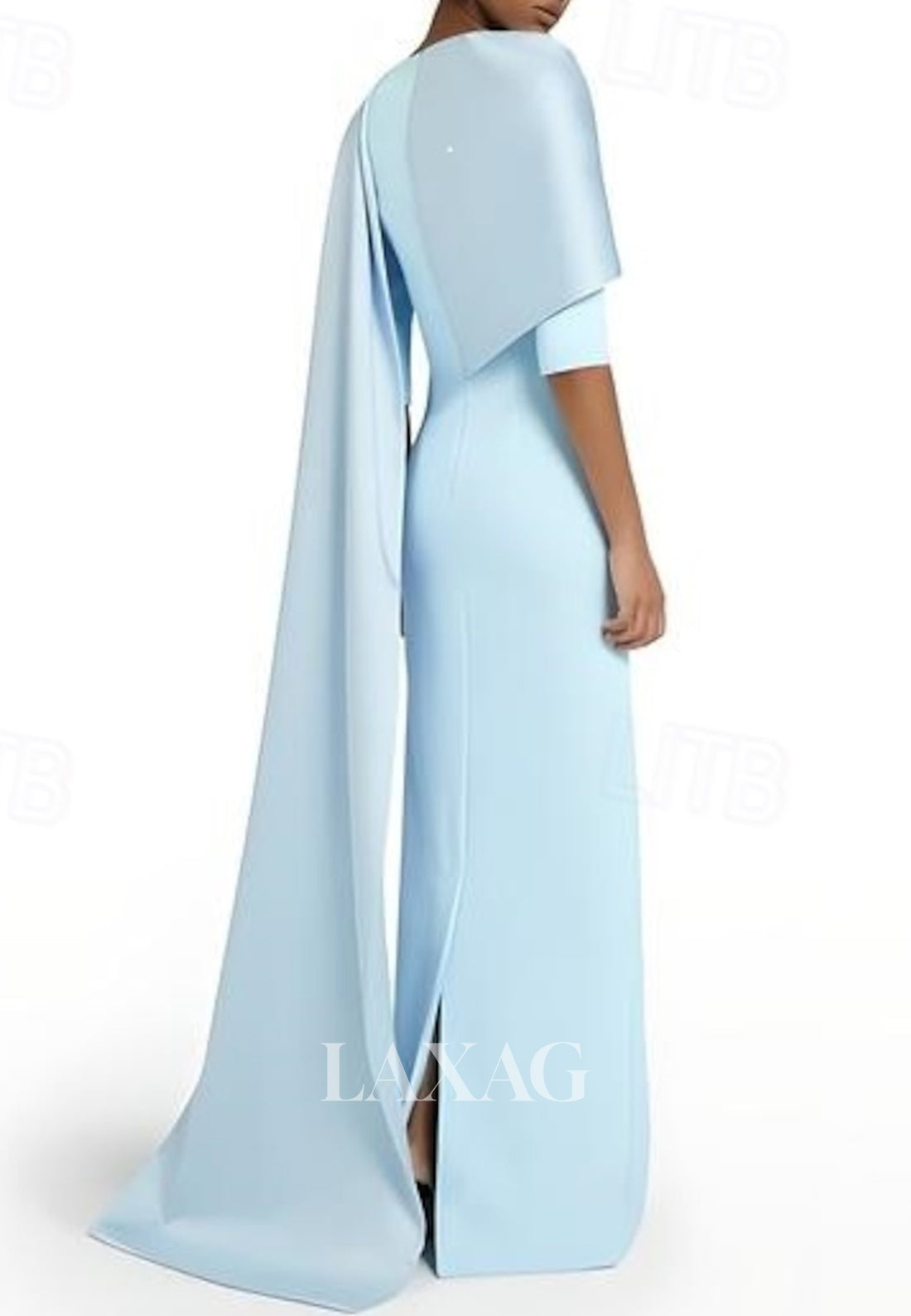 Simple High-Neck Half-Sleeves Fitted Wedding Guest Dress Floor-Length Satin Formal Gowns with Overlay