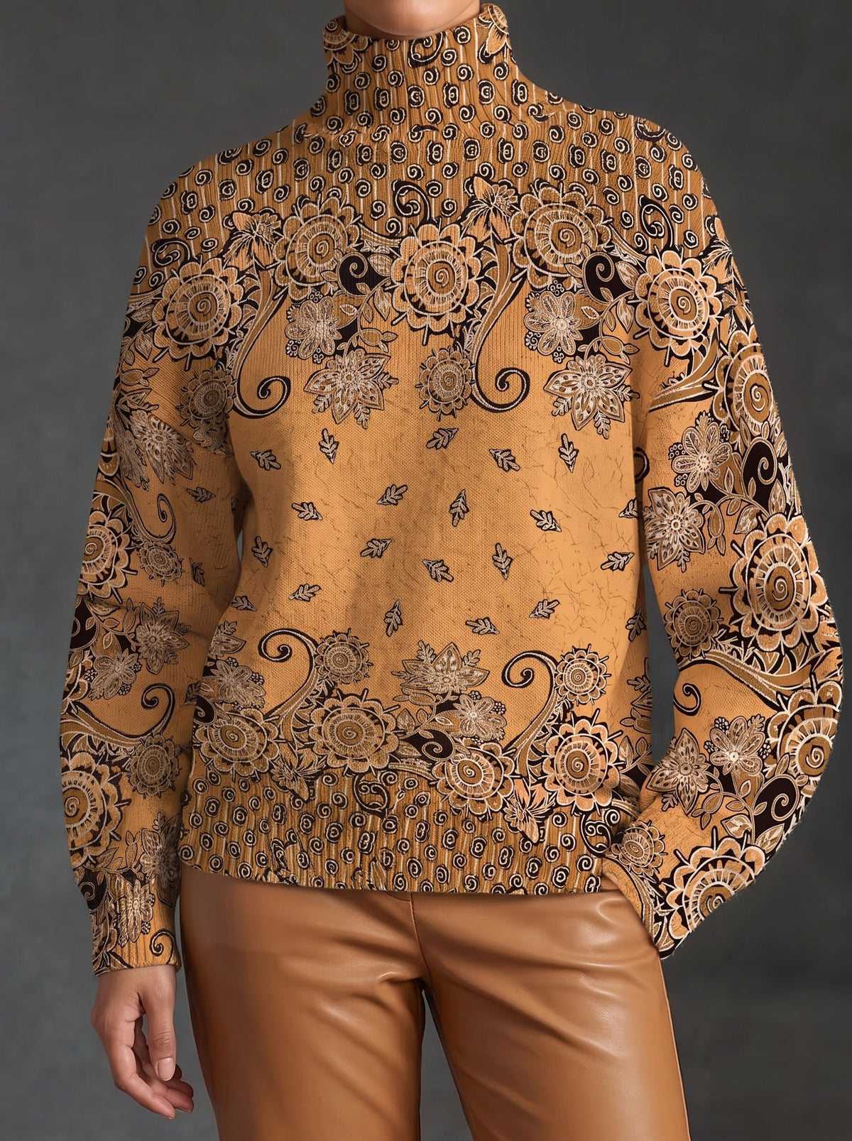 Paisley Floral Print Turtleneck Long Sleeve Top