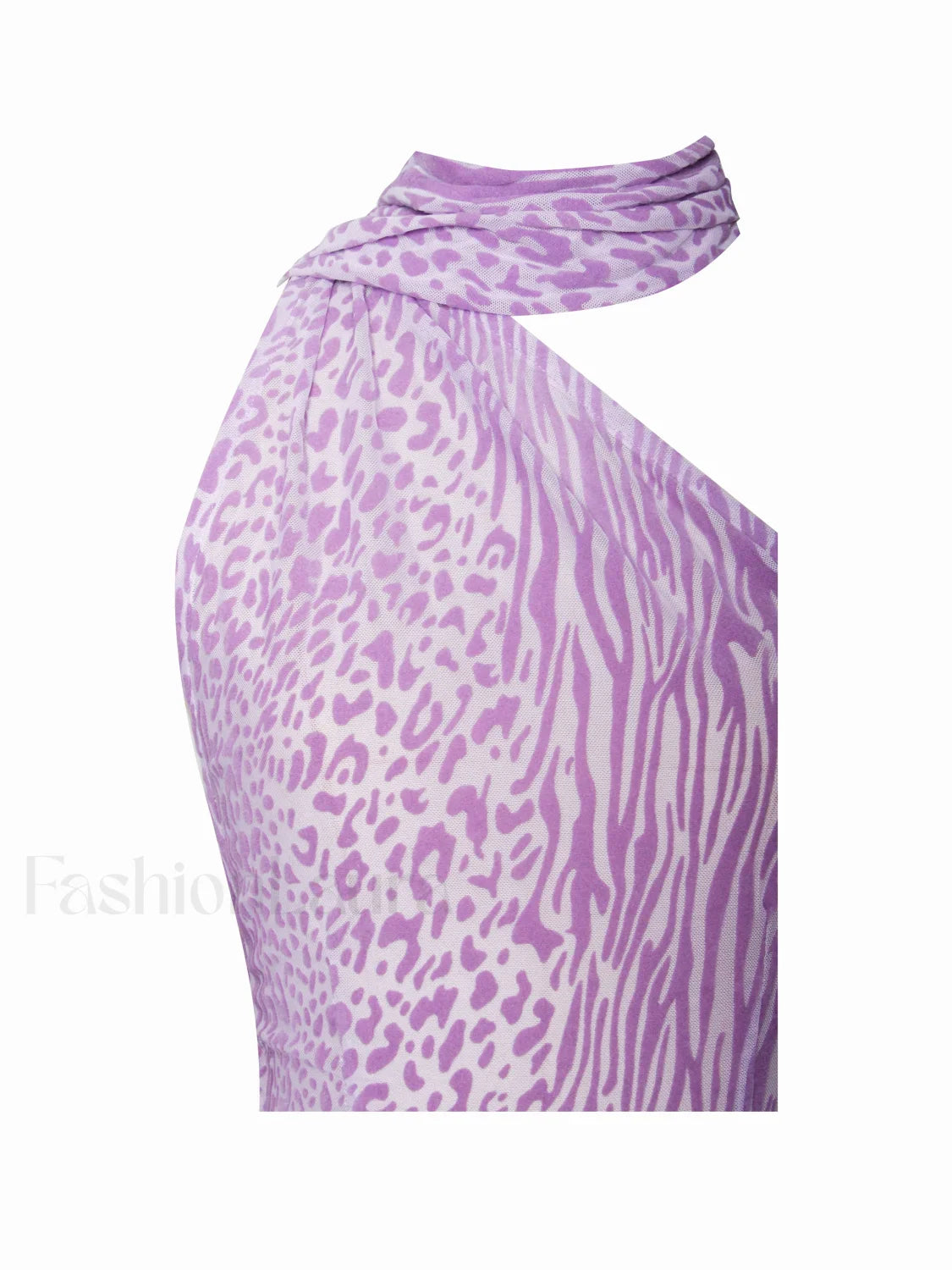 Olena Purple Burnout Velvet Animal Trendy Print Mesh Halter Neck Maxi Dress