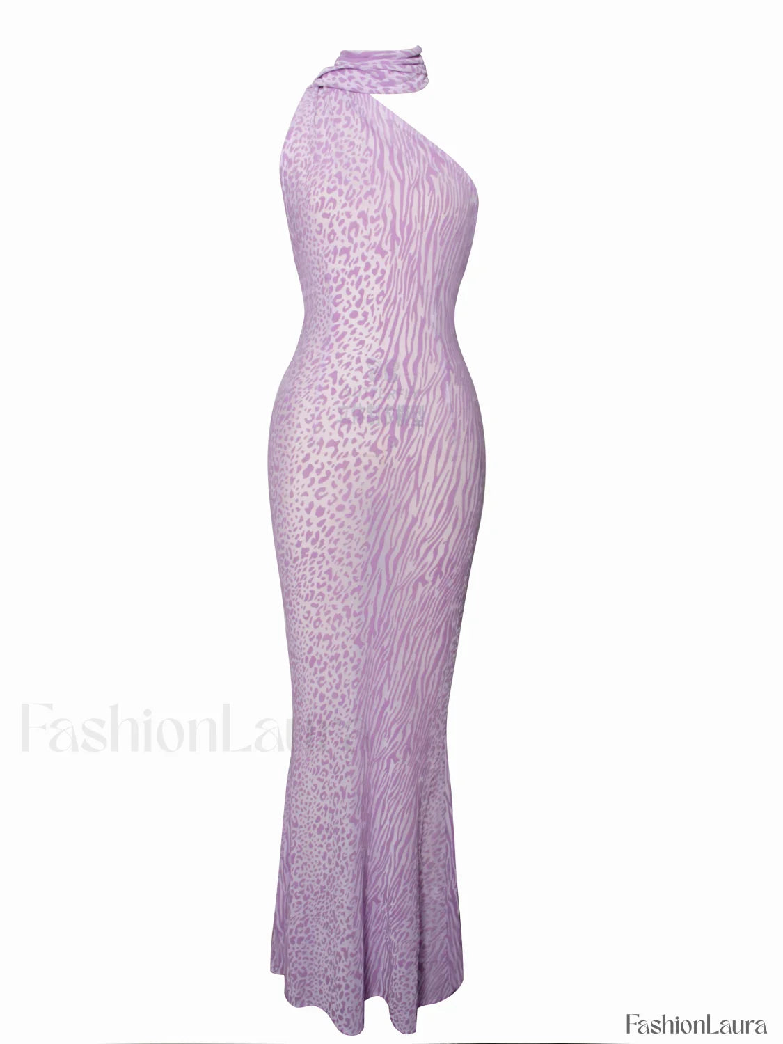 Olena Purple Burnout Velvet Animal Trendy Print Mesh Halter Neck Maxi Dress