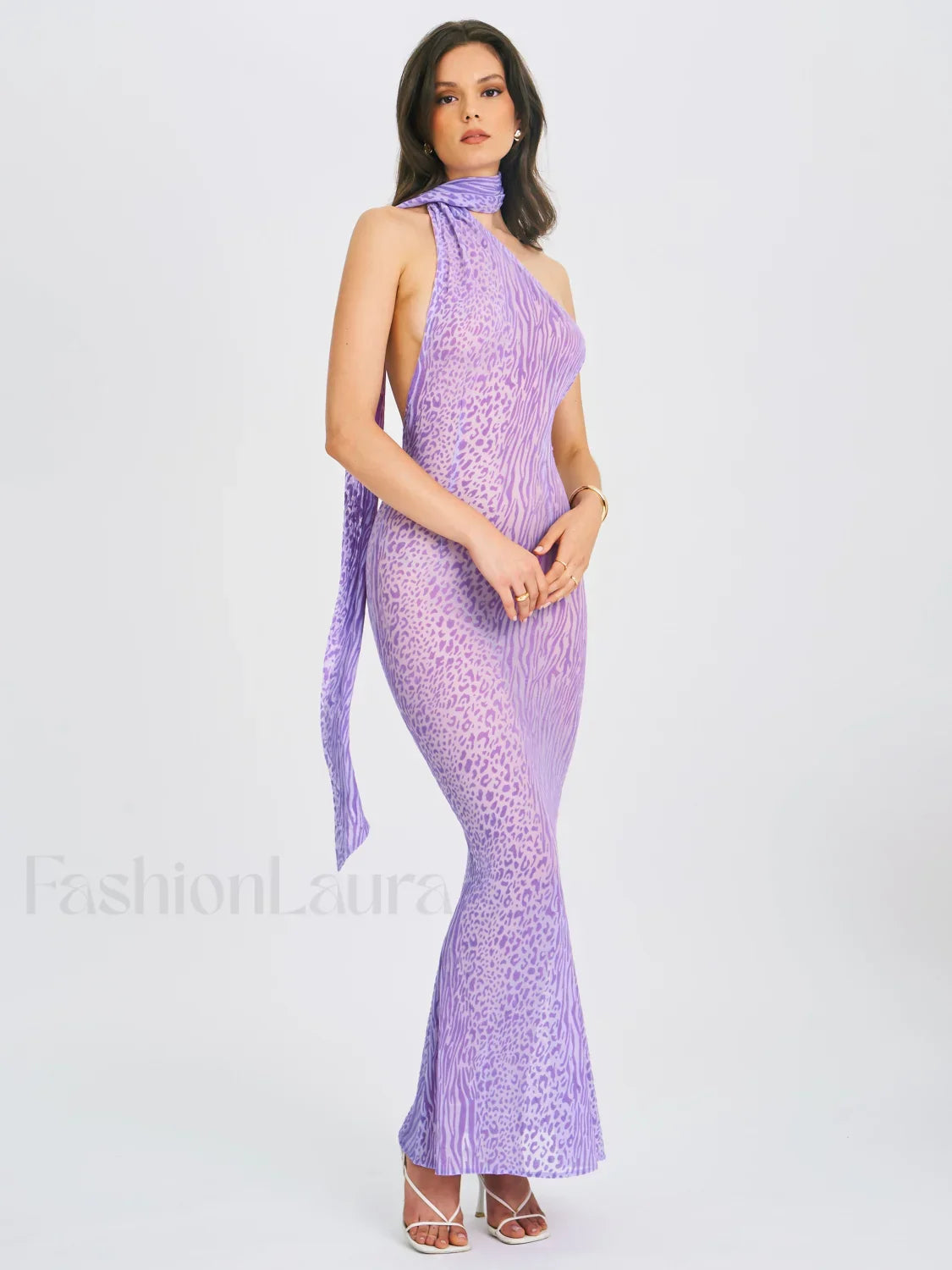 Olena Purple Burnout Velvet Animal Trendy Print Mesh Halter Neck Maxi Dress