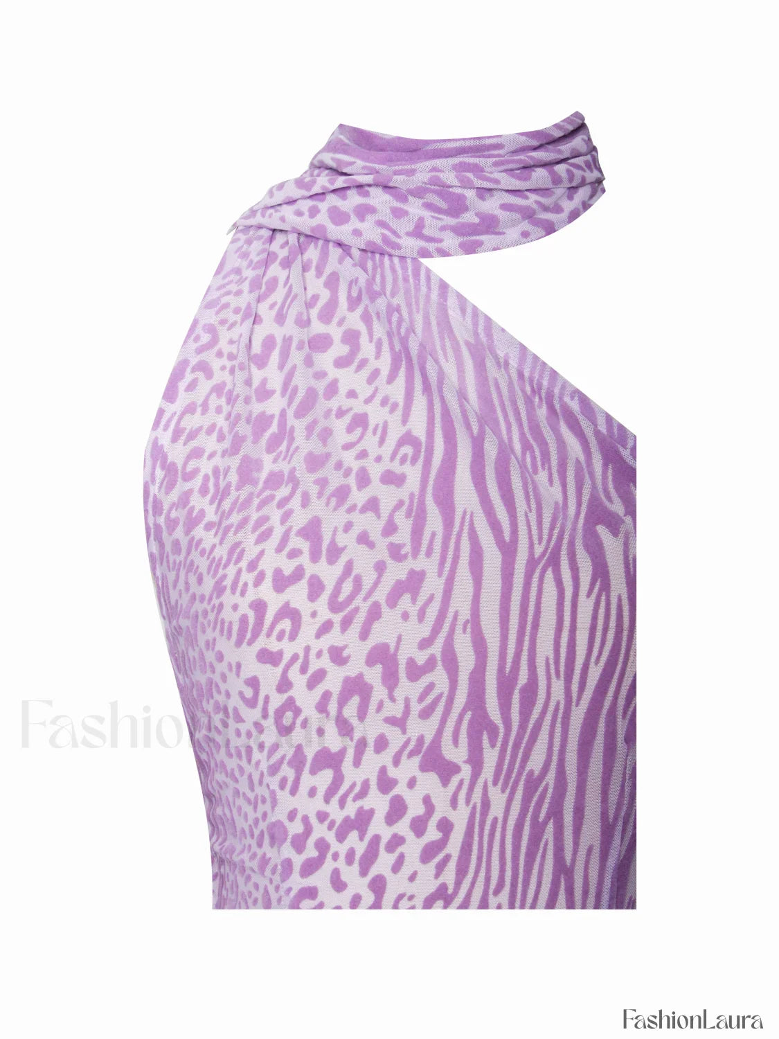 Olena Purple Burnout Velvet Animal Trendy Print Mesh Halter Neck Maxi Dress