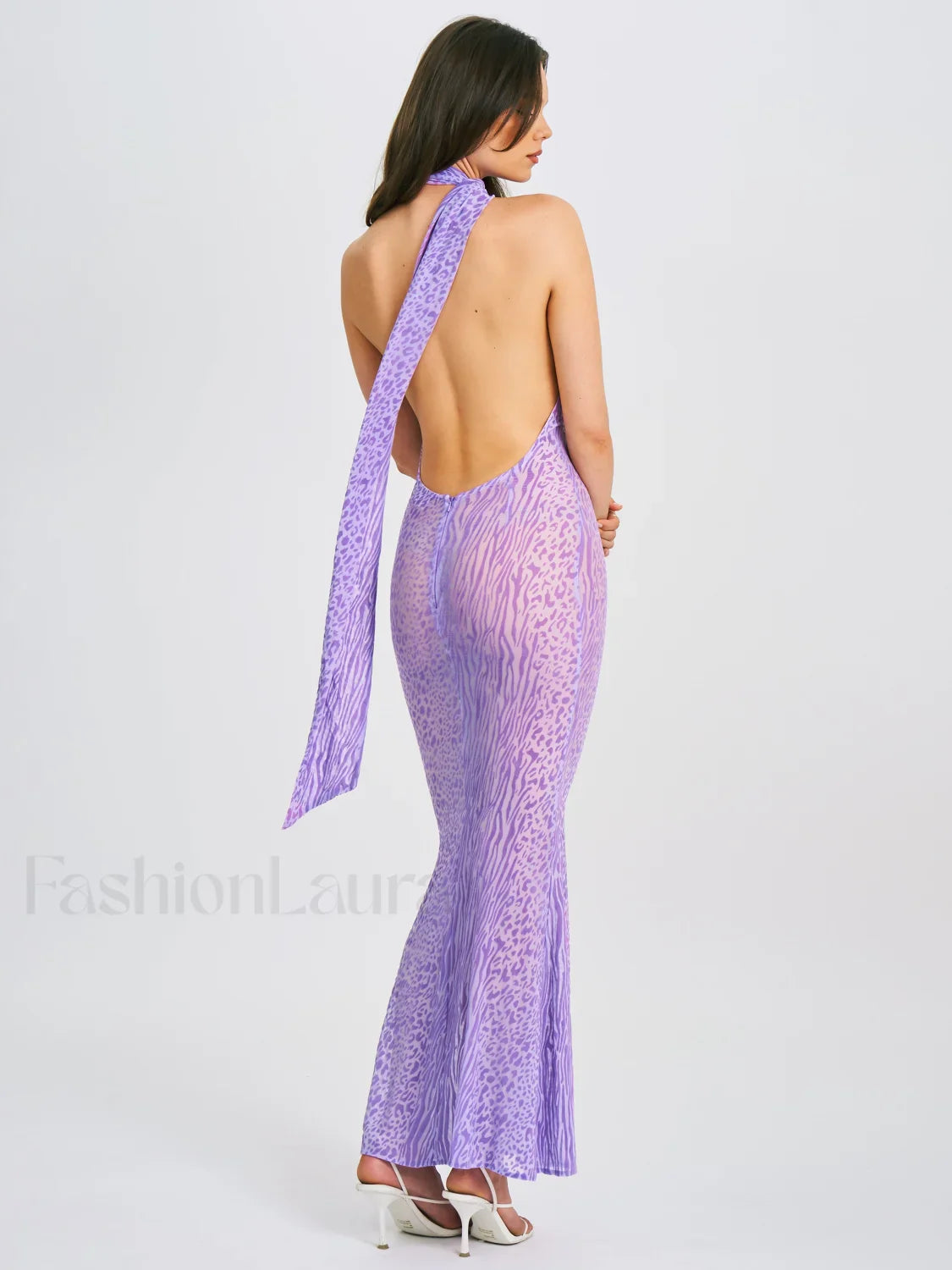 Olena Purple Burnout Velvet Animal Trendy Print Mesh Halter Neck Maxi Dress
