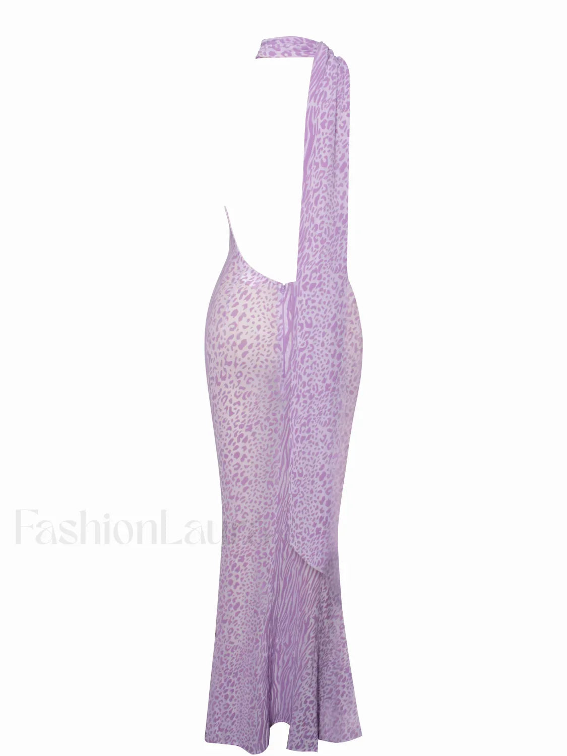 Olena Purple Burnout Velvet Animal Trendy Print Mesh Halter Neck Maxi Dress